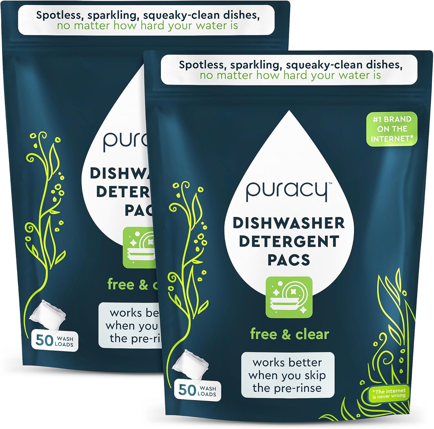 Puracy Dishwasher Pods Detergent 50 Count (2 Pack), Natural Dishwasher