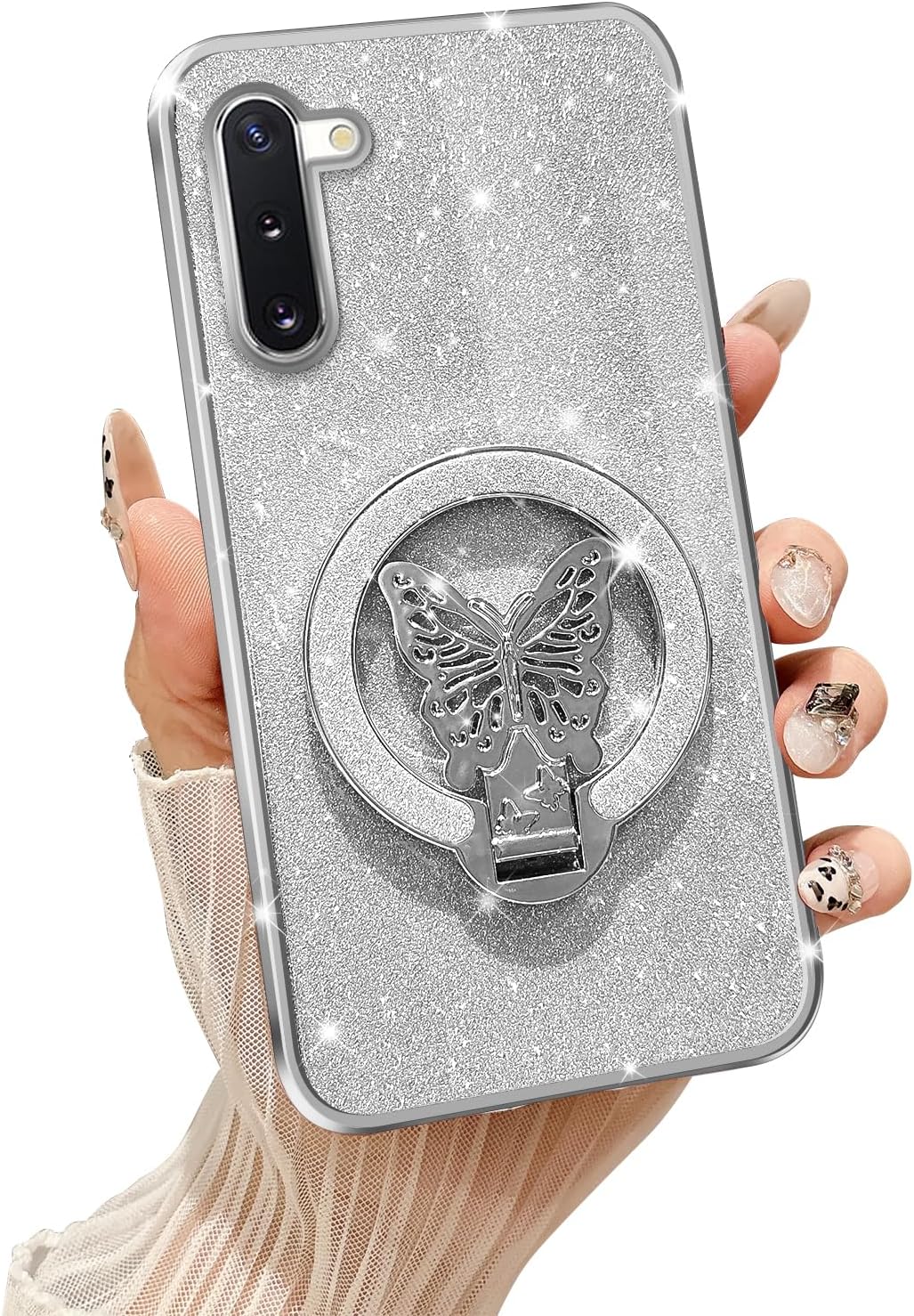 Tesazxcn for Samsung Note 10 Case with Stand [Compatible with Mag Safe], Galaxy Note 10 Phone Case with Wrist Strap Shockproof Protective Soft Cover Bling Kickstand for Women Girls, Silver