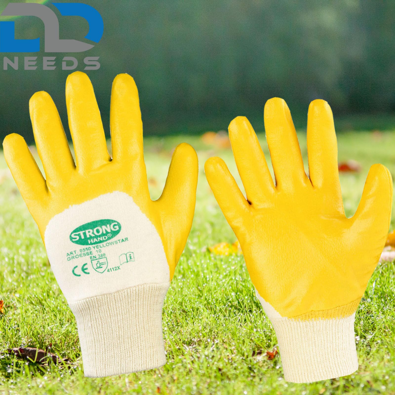 D2D | 144 Paar - Baumwollhandschuhe - Größe: 10 (XL) - Gelb - mit Nitril Beschichtung - Norm EN 388 CAT 2 - Arbeitshandschuhe - PU-Montagehandschuhe Gartenhandschuh