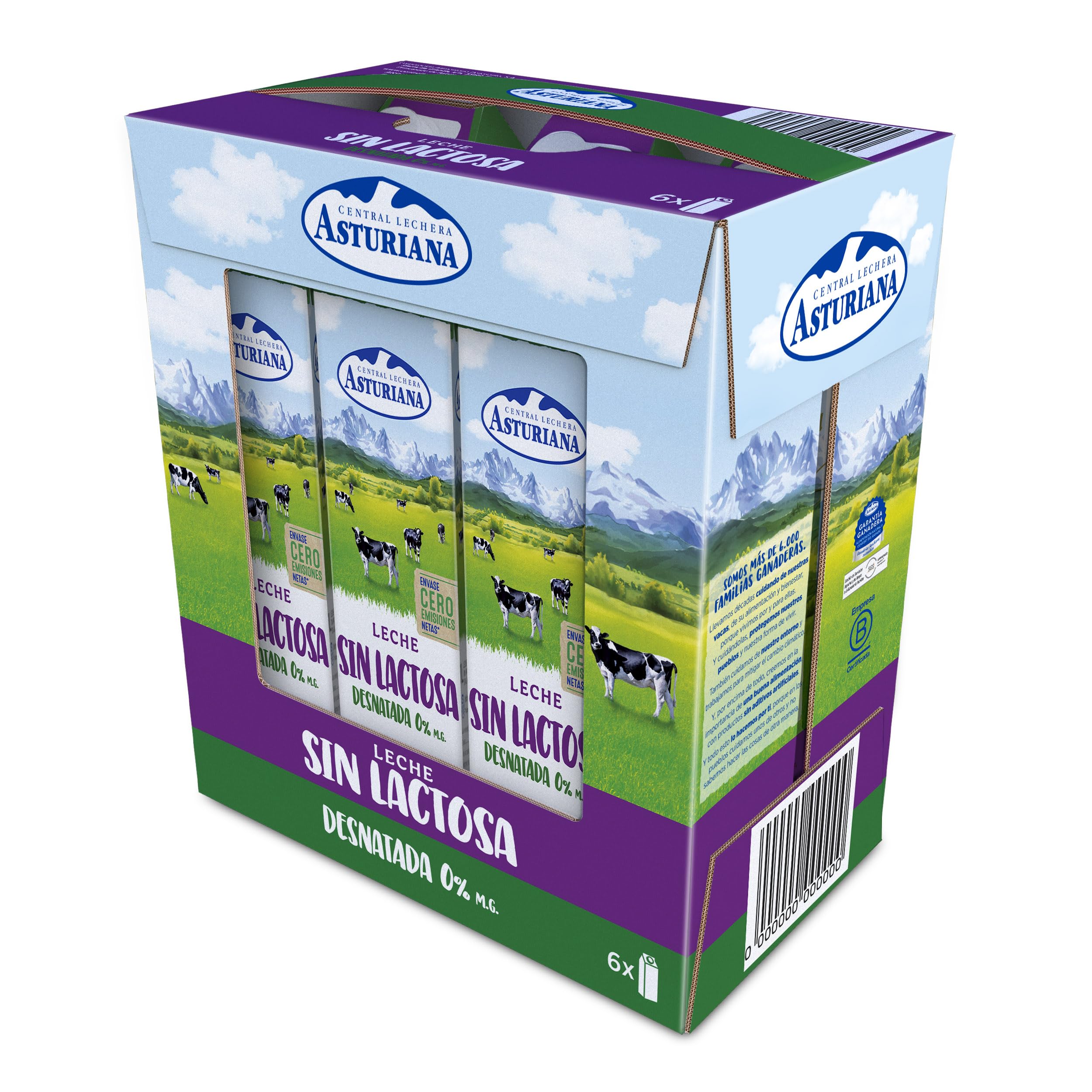Central Lechera Asturiana Leche Sin Lactosa Desnatada 0% MG, Pack 6 x 1L