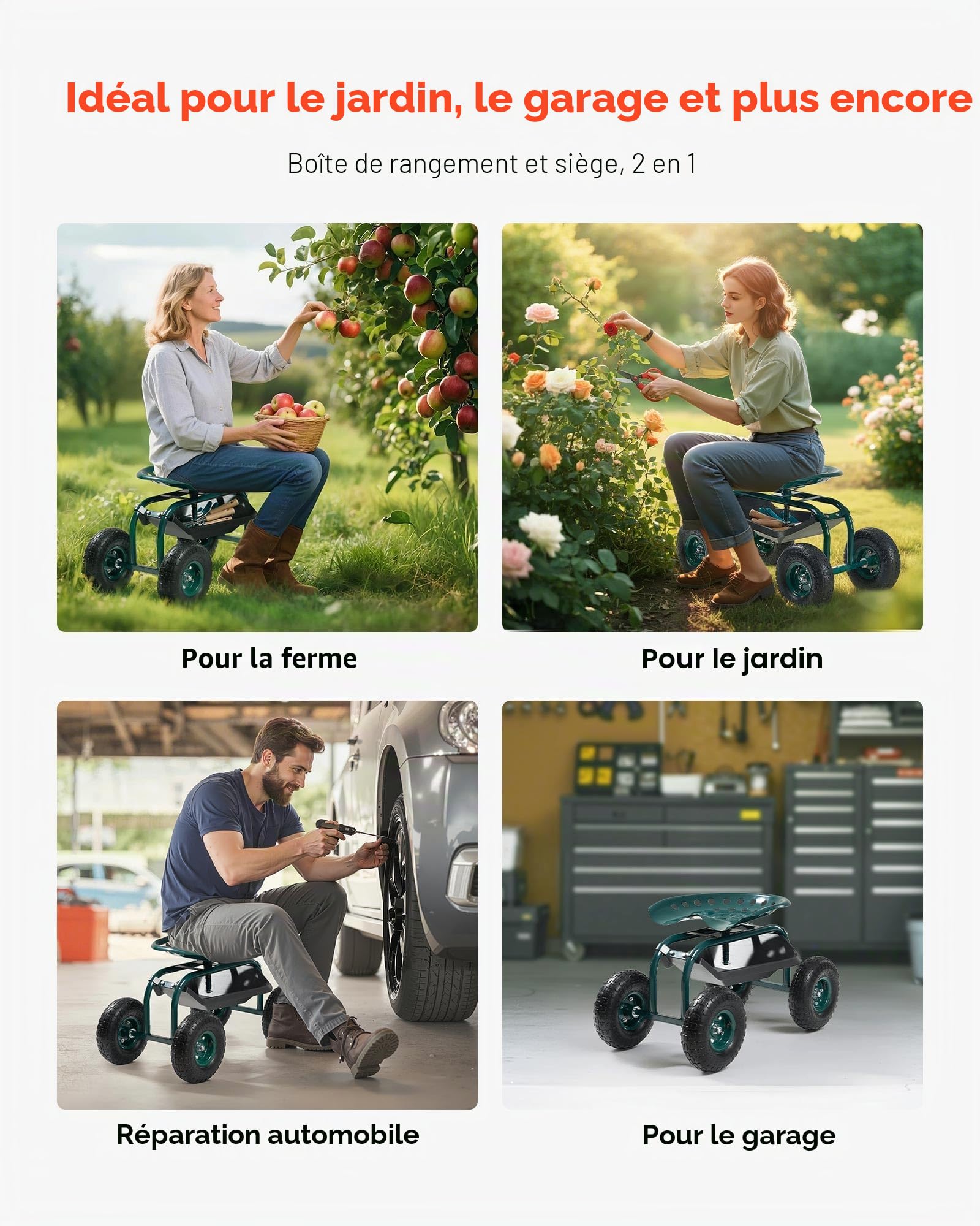 VEVOR Siège de Jardin Roulant, Tabouret de Jardinage sur Roues Robuste avec Panier de Rangement à Outils, Capacité de Charge 136 kg, Chariot avec Siège pour Désherbage, Plantation, Terrasse, Extérieur