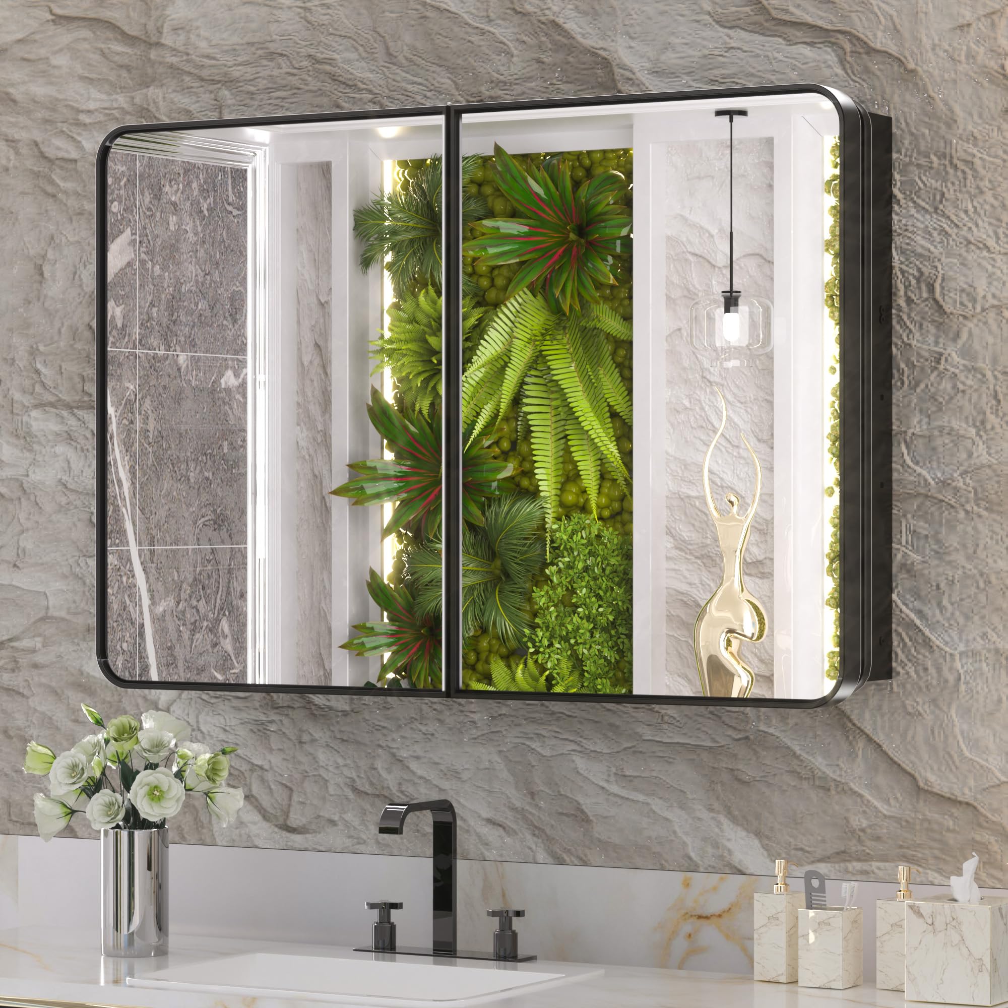 Keonjinn 36"x24" Black Medicine Cabinet with Mirror for Bathroom, Large