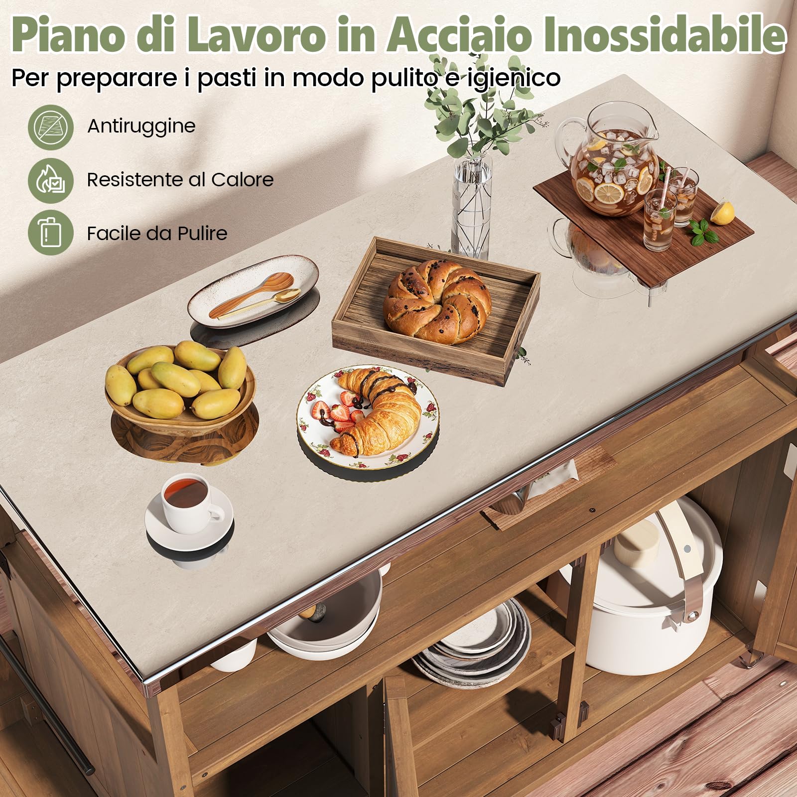 COSTWAY Carrello Barbecue Esterno, con Piano in Acciaio Inox, Isola Cucina in Legno di Abete con Ruote, Armadio, Ripiano Aperto e Scomparti, 130 x 47 x 92 cm