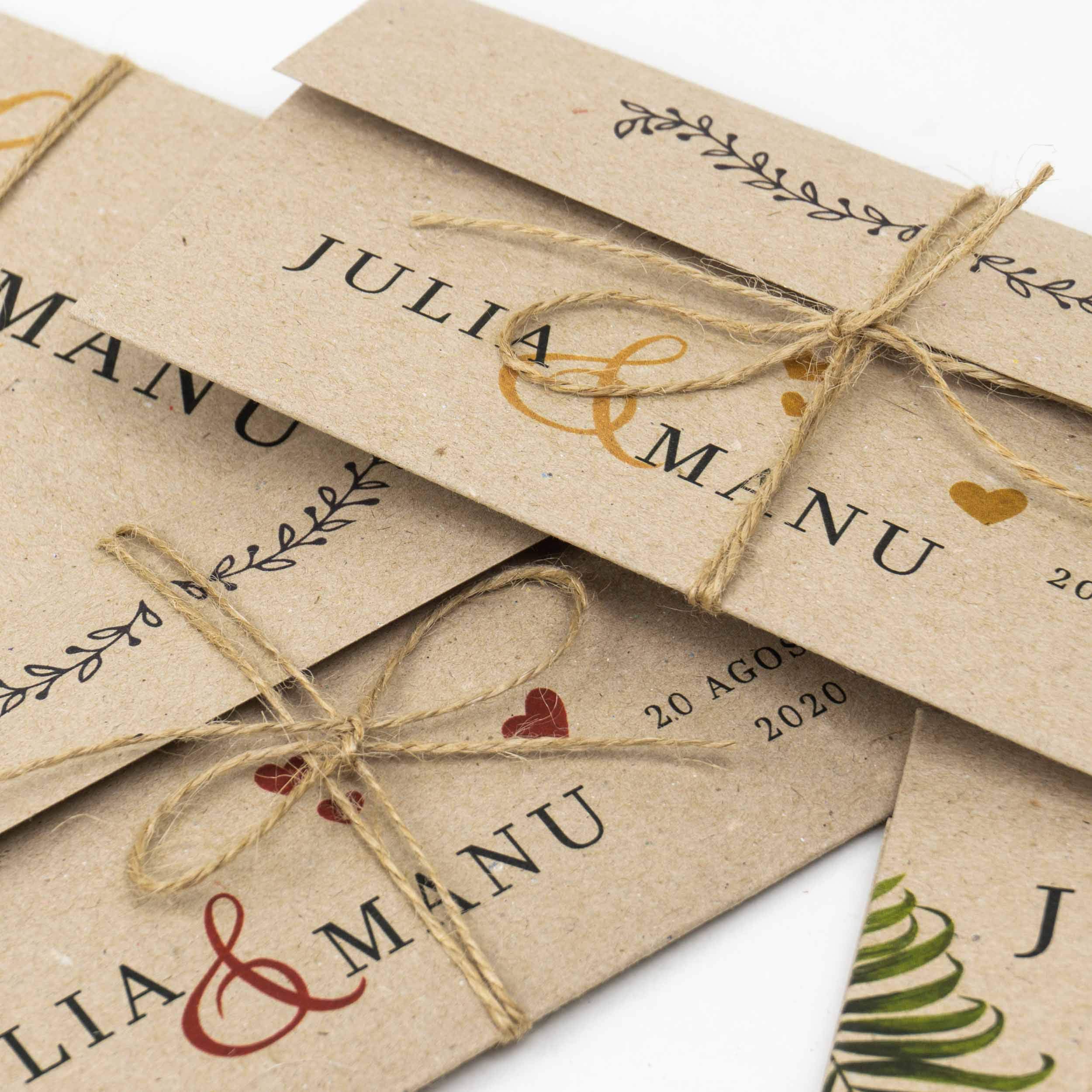 50 Sobres Invitación Boda Personalizados Originales + 50 hilos yute, impresos a medida con nombres, Papel reciclado kraft - 11x17,5 cm, para tarjetas, felicitaciones e invitación