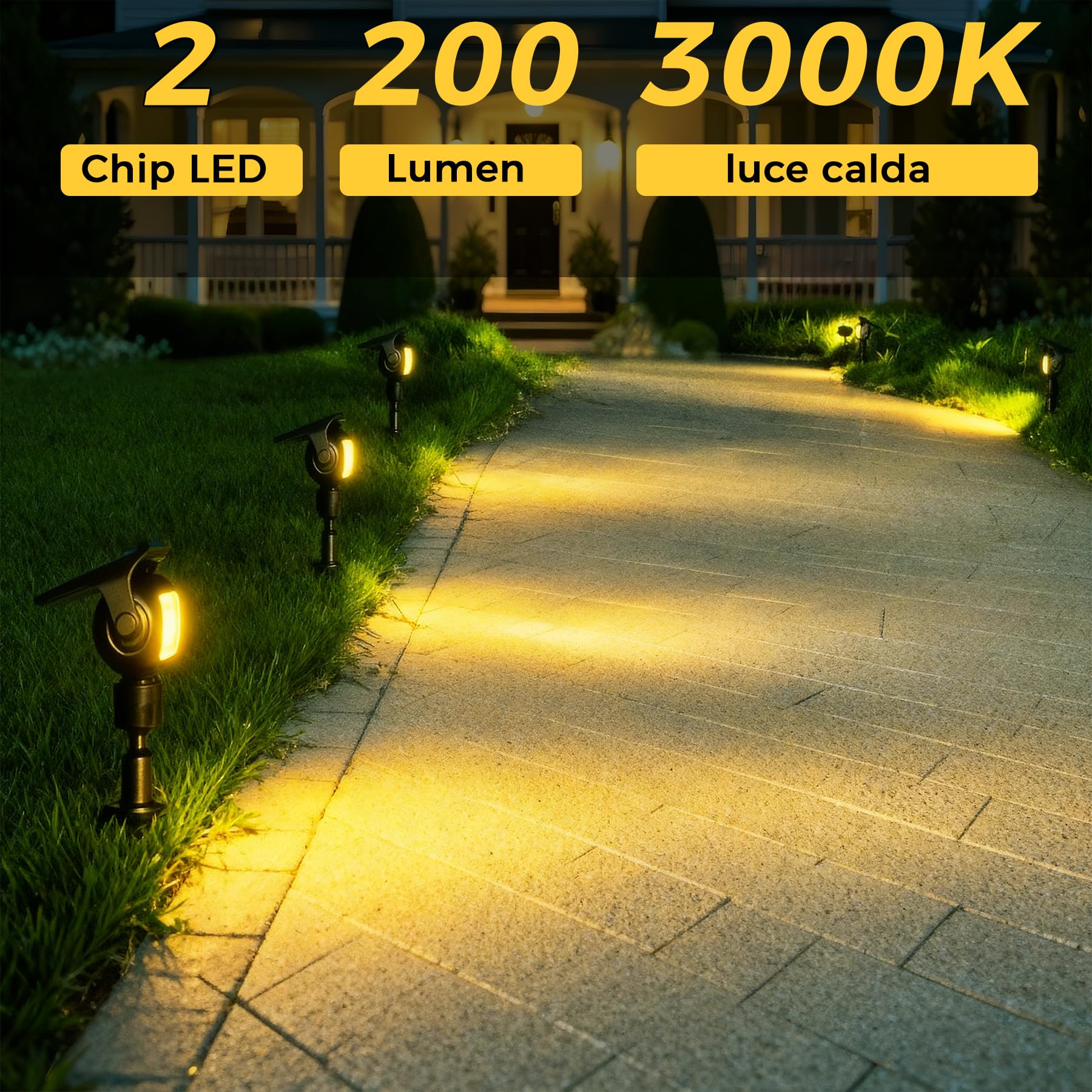 Faretti Solari LED da Giardino, 2 Pezzi, 200 lm 3000K Luce Calda con Sensore Crepuscolare, IP65 Impermeabili Lampada Solare con Picchetto per Esterno,Giardino, Prato e Vialetti