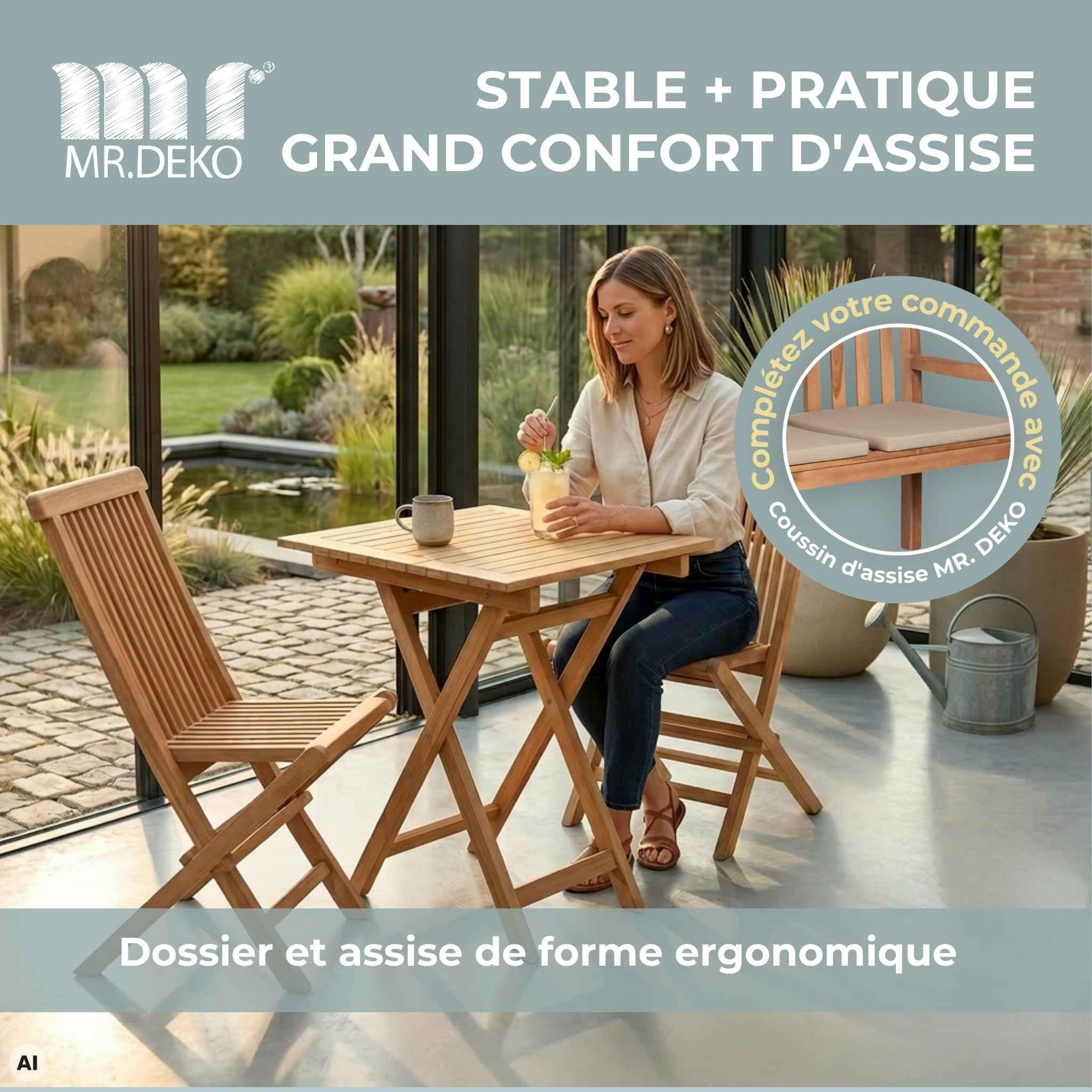 MR. DEKO Langton Fauteuil Pliant Teck Massif | Chaise de Jardin sans Accoudoirs | Siège Pliable Gain de Place Terrasse Balcon Extérieur | Bois Intempéries 120kg | 53x43x89cm