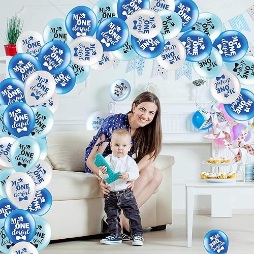 Miniatura 6 de Sumind 45 globos de látex de 12 pulgadas para niños de 12 pulgadas, color azul y blanco, globos de látex para el primer cumpleaños con 2
