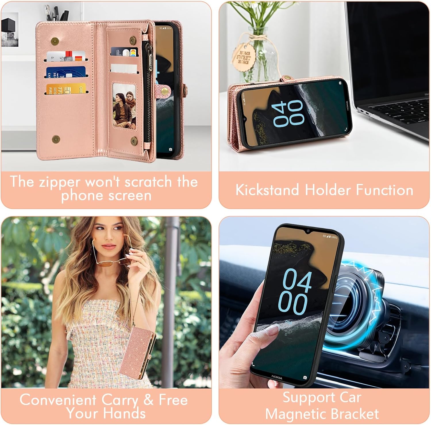 Asuwish Phone Case for Nokia G400 5G Zipper Wallet Detachable Purse Cell Cover with Tempered Glass Screen Protector Lanyard Wrist Strap Flip Credit Card Holder Slot G 400 400G 2022 Women Men Rosegold