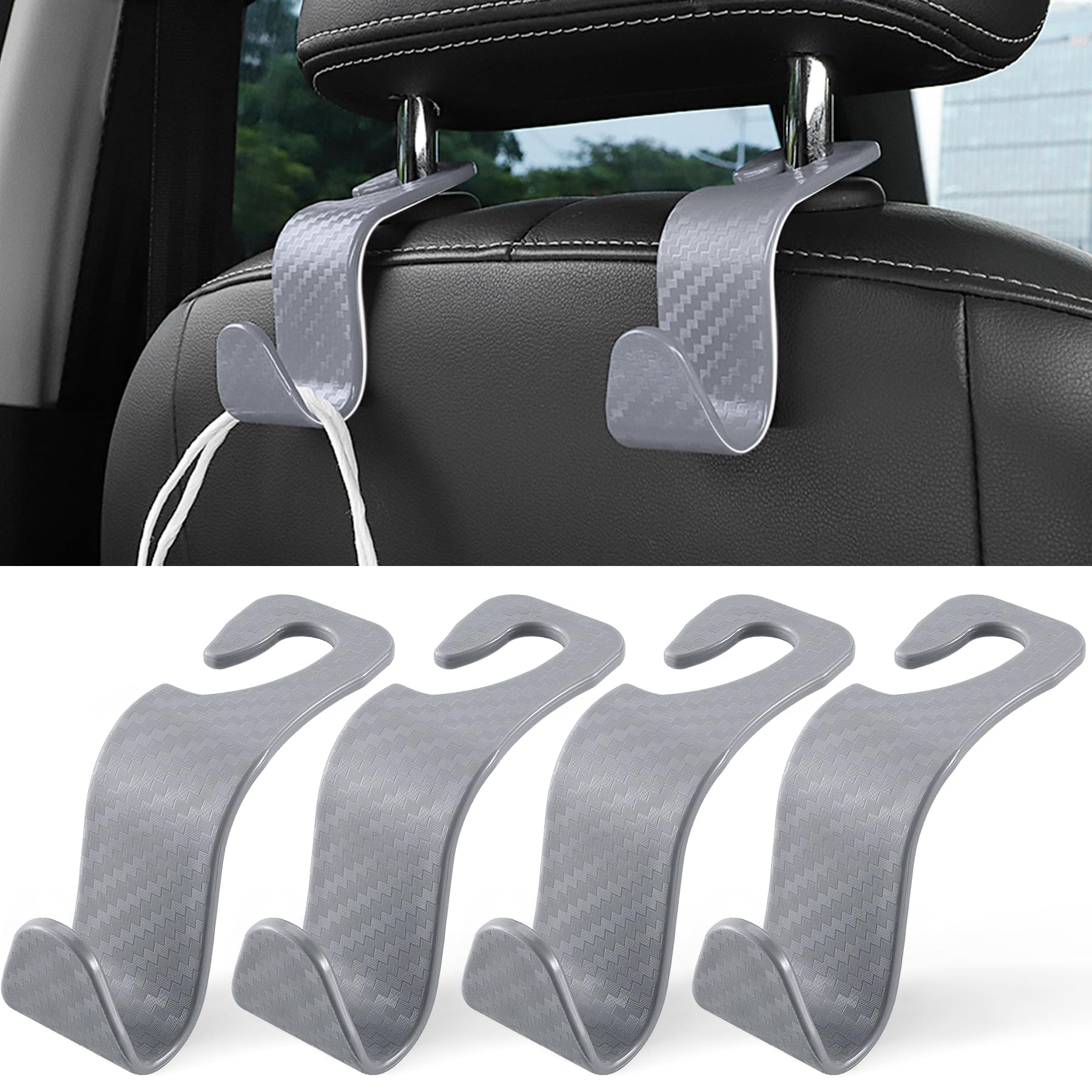 LivTee Car Purse Hook, 4 Pack Universal Auto Seat Headrest Hook Hangers Organizer for Coats, Umbrellas, Groceries - Carbon Fiber Gray