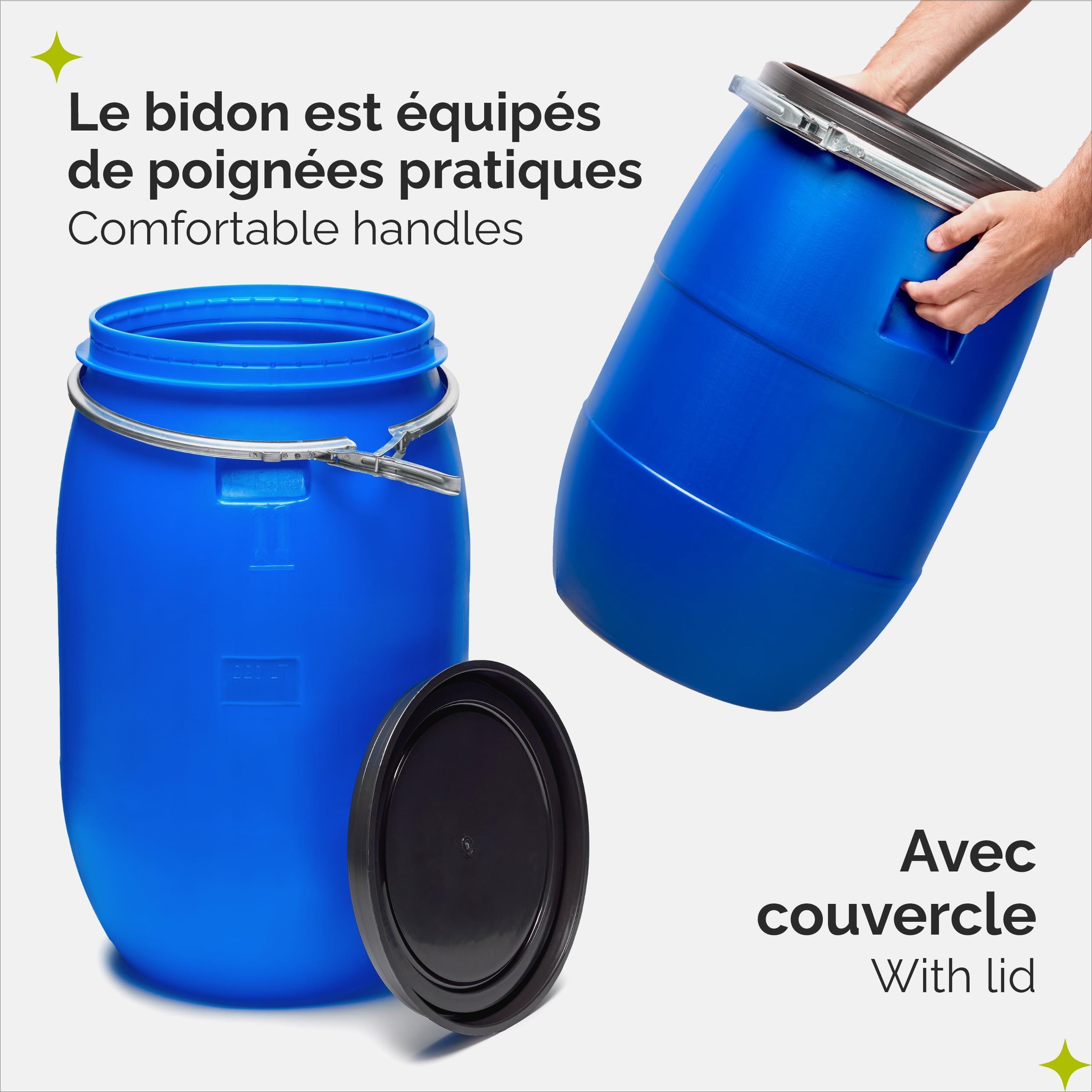Garronda Lot de 2 réservoir d'eau de 120 L, Baril Alimentaire, fût à Large Ouverture en HDPE et sans BPA, tonneau de Jardin, bac à Aliments pour Animaux, conteneur d'eau, tonneau Universel GD-0078