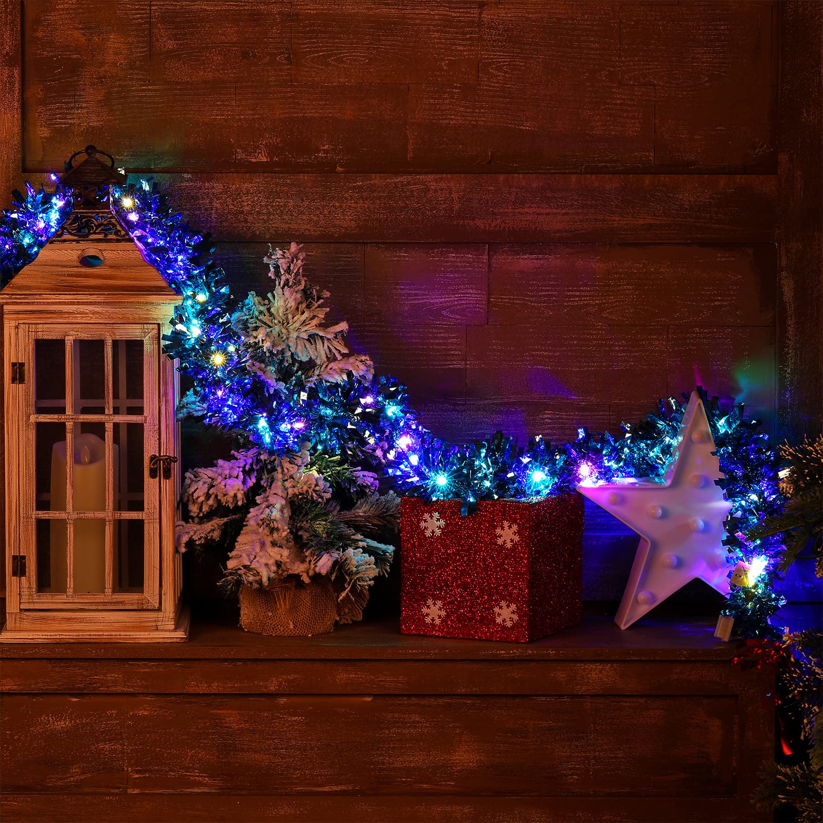 Hotop Guirnalda de oropel de 39.5 pies, guirnalda iluminada de Navidad, guirnalda metálica con purpurina LED con 180 luces para interiores y exteriores, decoraciones de Navidad de invierno (azul)