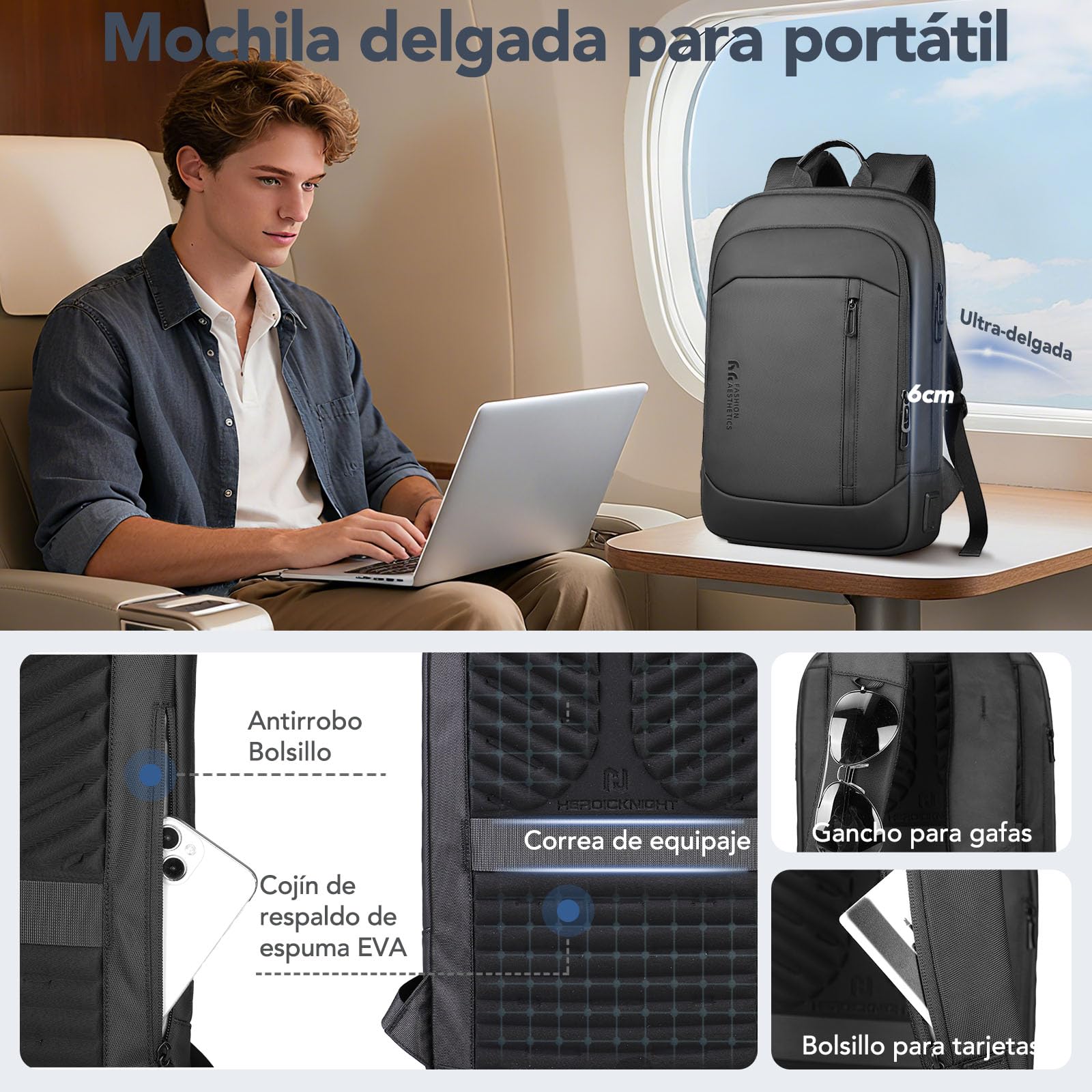 Mochila Ultra Delgada para Hombre y Mujer Mochila Portátil 15,6 Pulgadas | Ligera y Impermeable con Puerto USB A&C Mochila Antirrobo para Trabajo Oficina Viaje Negocio Diarios, Negro