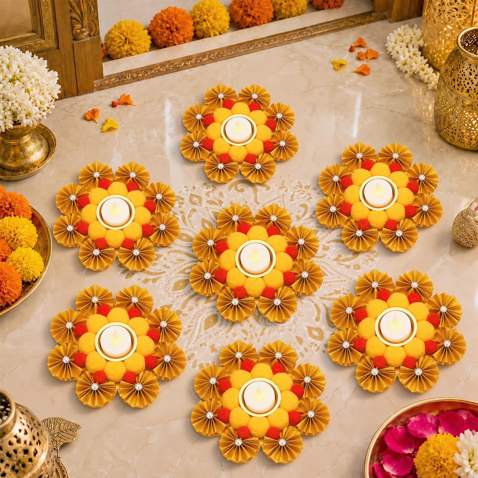 LemonRoad Confezione da 7 tappetini decorativi per Diwali Rangoli da 15,2 cm, per lumini LED, fatti a mano, decorazione per la casa, candele LED, decorazioni con pompon per regalo Pooja