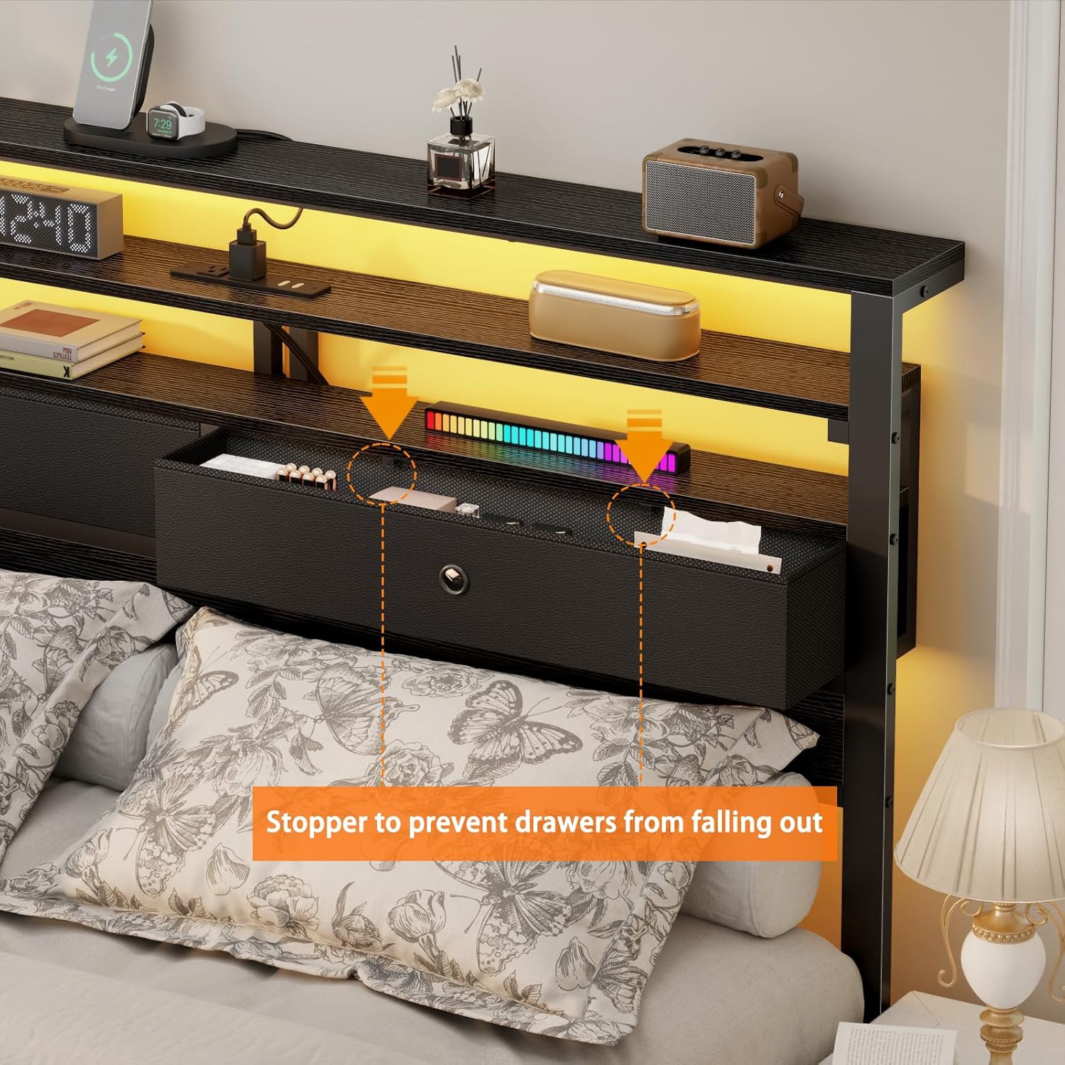 Furnulem Queen Bed Frame with Headboard & 2 Fabric Drawers, Bed Frame Queen Size Featuring LED Lights, Built-in Charging Station & Storage Shelves, Metal Slats, No Box Spring Needed – Black Oak - Image 3