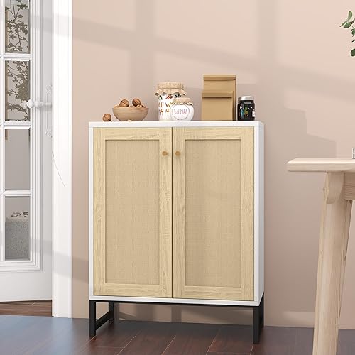 Miniatura 2 de Panana Ratán decorado 2 puertas Gabinete de almacenamiento Gabinete de acento Sala de estar Armario Cocina Aparador Buffet Mesa (blanco)
