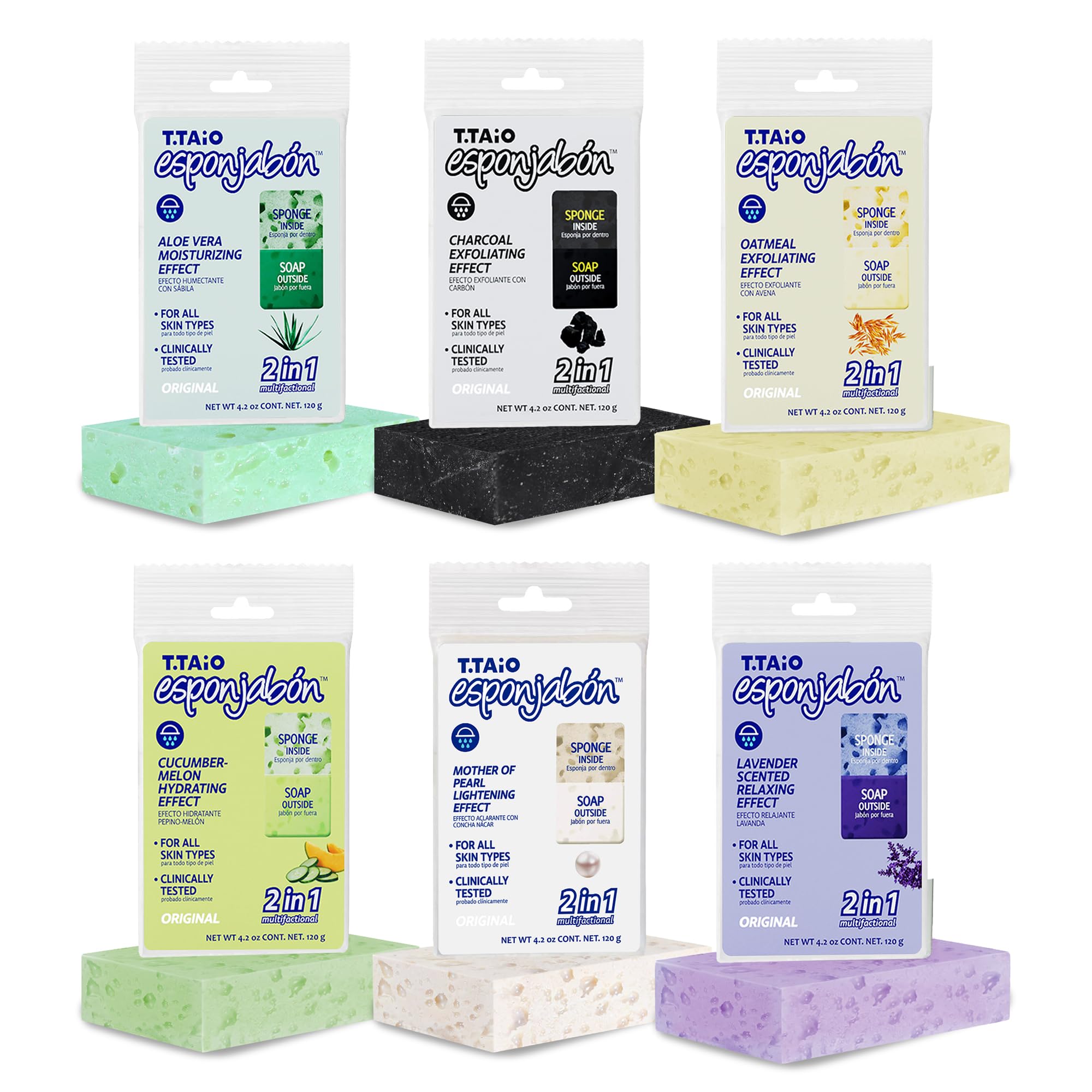 T.Taio Esponjabon Soap Sponge Variety Pack - Shower Scrubber & Bath Wash Scrub - Massage Face - Bathroom Accessories - Mother of Pearl, Aloe Vera, Lavender, Charcoal, Cucumber-Melon, Oatmeal (6 Pack)