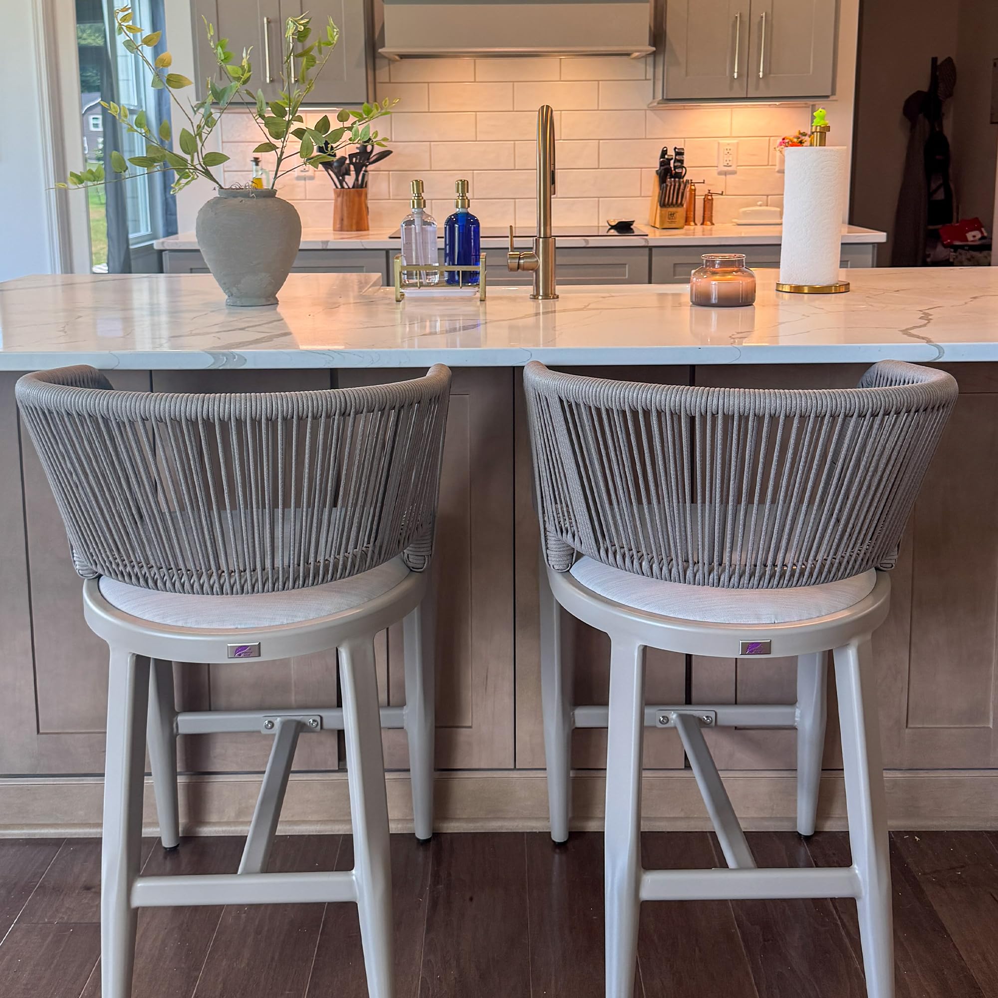 PURPLE LEAF Patio Counter Height Bar Stools Set of 2 Modern Aluminum Rattan Bar Chairs with Embedded Cushions and Hollowed-Out Back Outdoor Wicker