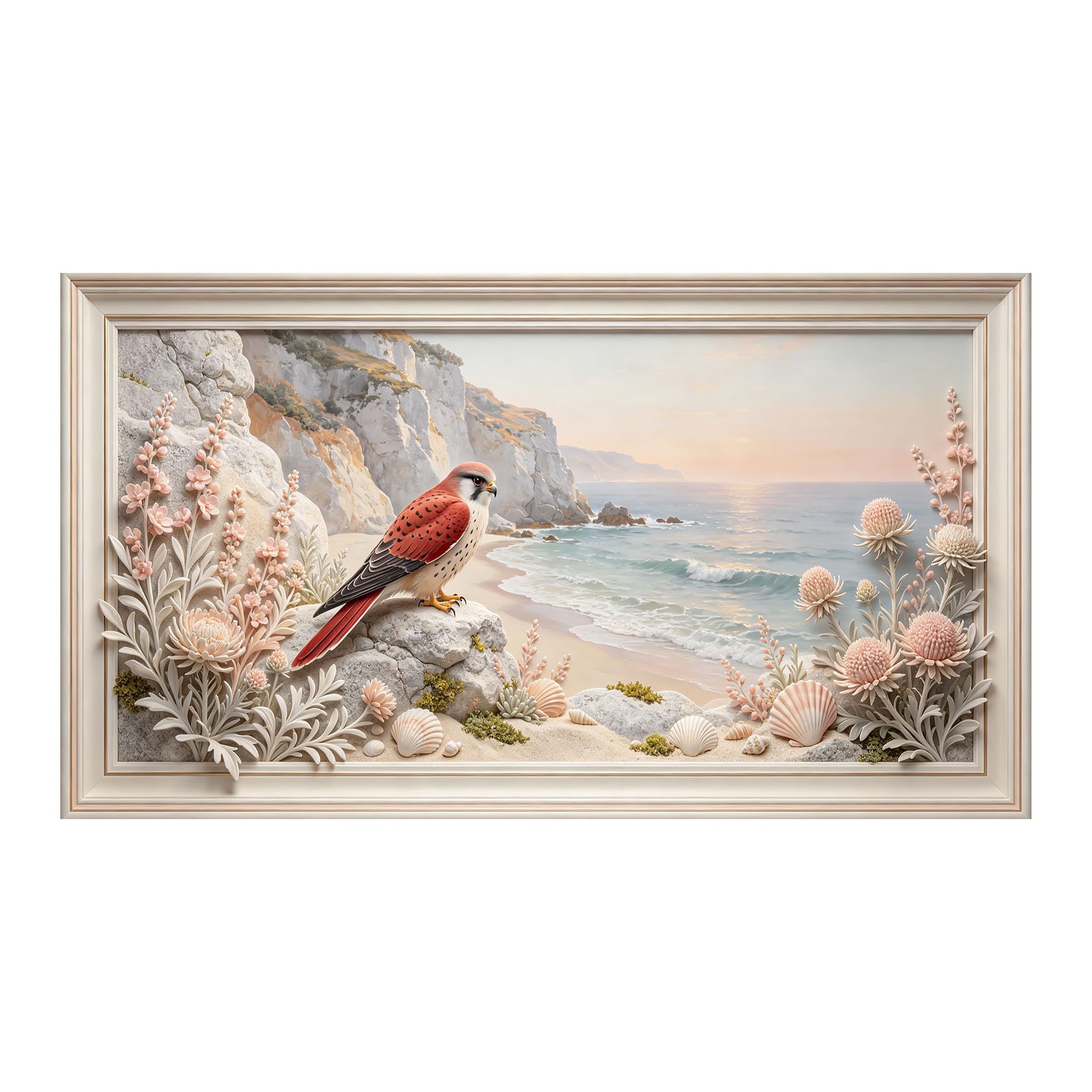 Yzpallescene 3D 3D Framed Wall Art 50cm×90cm Coastal Seaside Bird Landscape Oil Painting Large Size SelfAdhesive Removable Wall Decor Prints Artwork for Living Room Bedroom Office