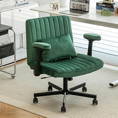 Purgreen Velvet Cross Legged Office Chair with Wheels and Adjustable Flip-Arms,Swivel Wide Seat Chair for Home Office, Apartment, Criss Cross Chair for Meditation, Makeup, Green - Royal Green+flip-arms