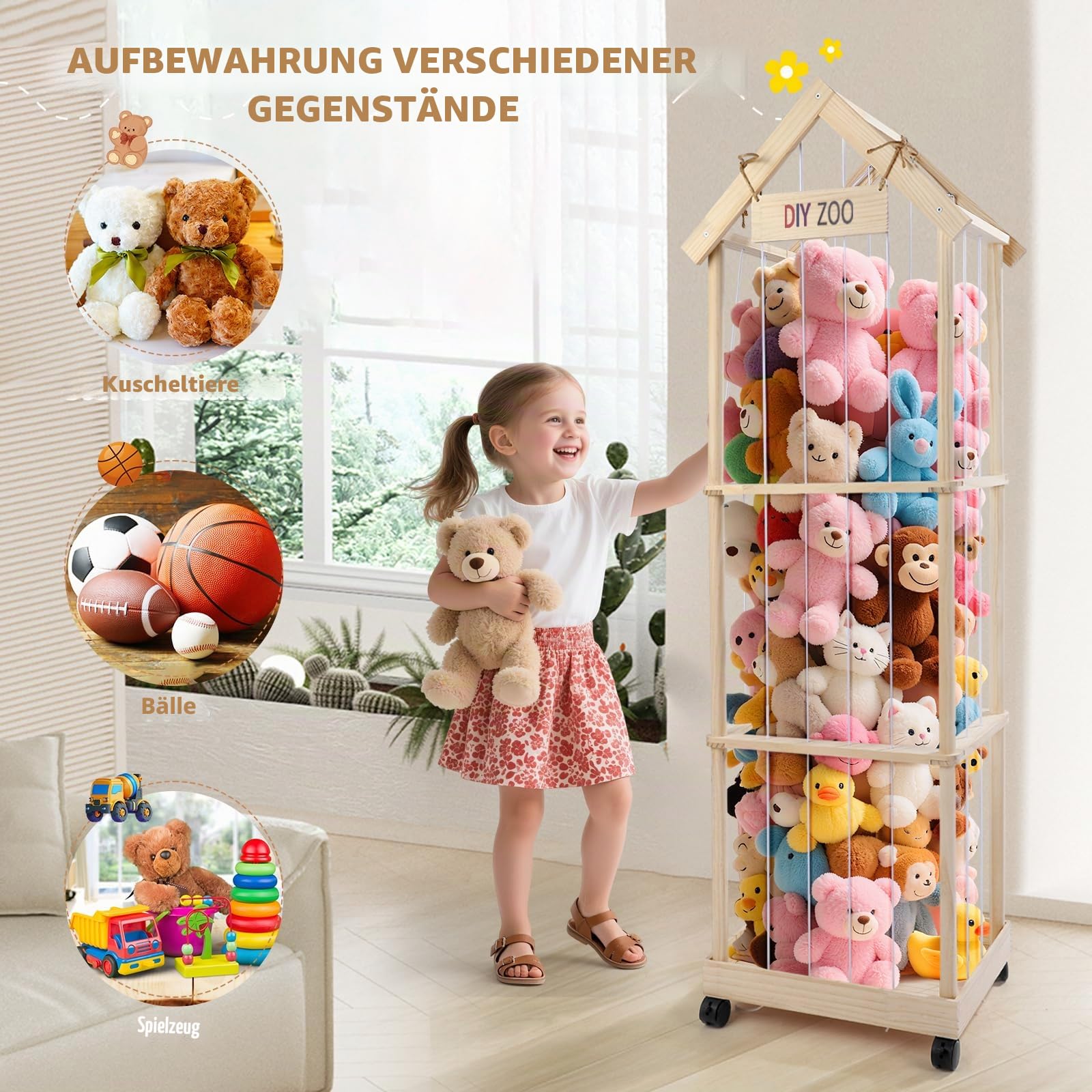 Kuscheltier Aufbewahrung 146x47x35CM, MINENICE Plüschtier Aufbewahrung aus Massivholz mit 360° Feststellbaren Lenkrollen für Babyzimmer, Wohnzimmer, Schlafzimmer, Kinderzimmermöbel