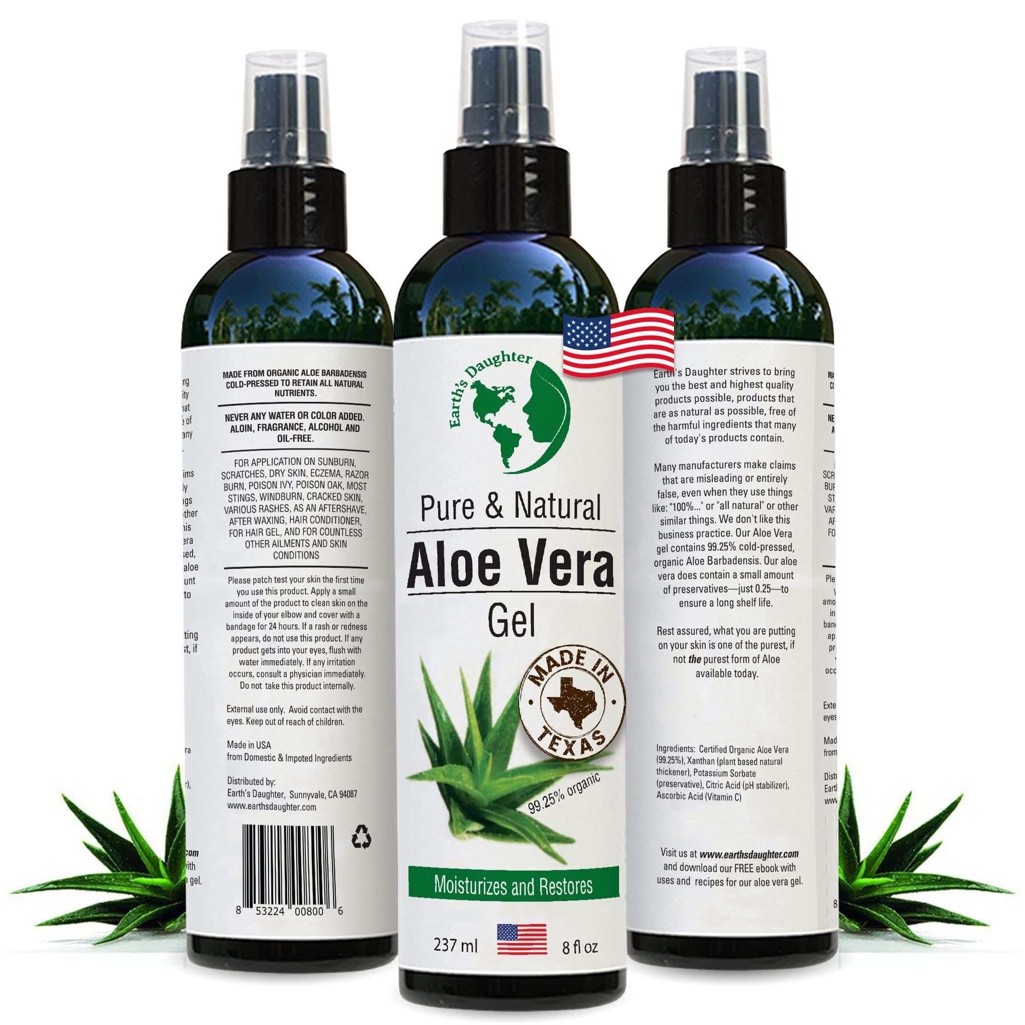 Earth’s Daughter Organic Aloe Vera Gel from Fresh Cut 100% Pure Organic Aloe leaves – Fast Absorbing for Face, Skin, Hair & Body – Vegan, Unscented, Natural - 8 Oz USA Made