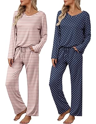 Ekouaer Womens 2 Pack Pajama Set Long Sleeve Pajamas Top and Pants V Neck Pjs Set Soft Loungewear with Pockets