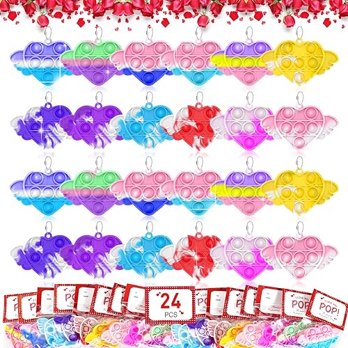 24 llaveros de San Valentín a granel con tarjetas llavero de burbujas para reventar juguetes sensoriales pequeños para aliviar el estrés para niños