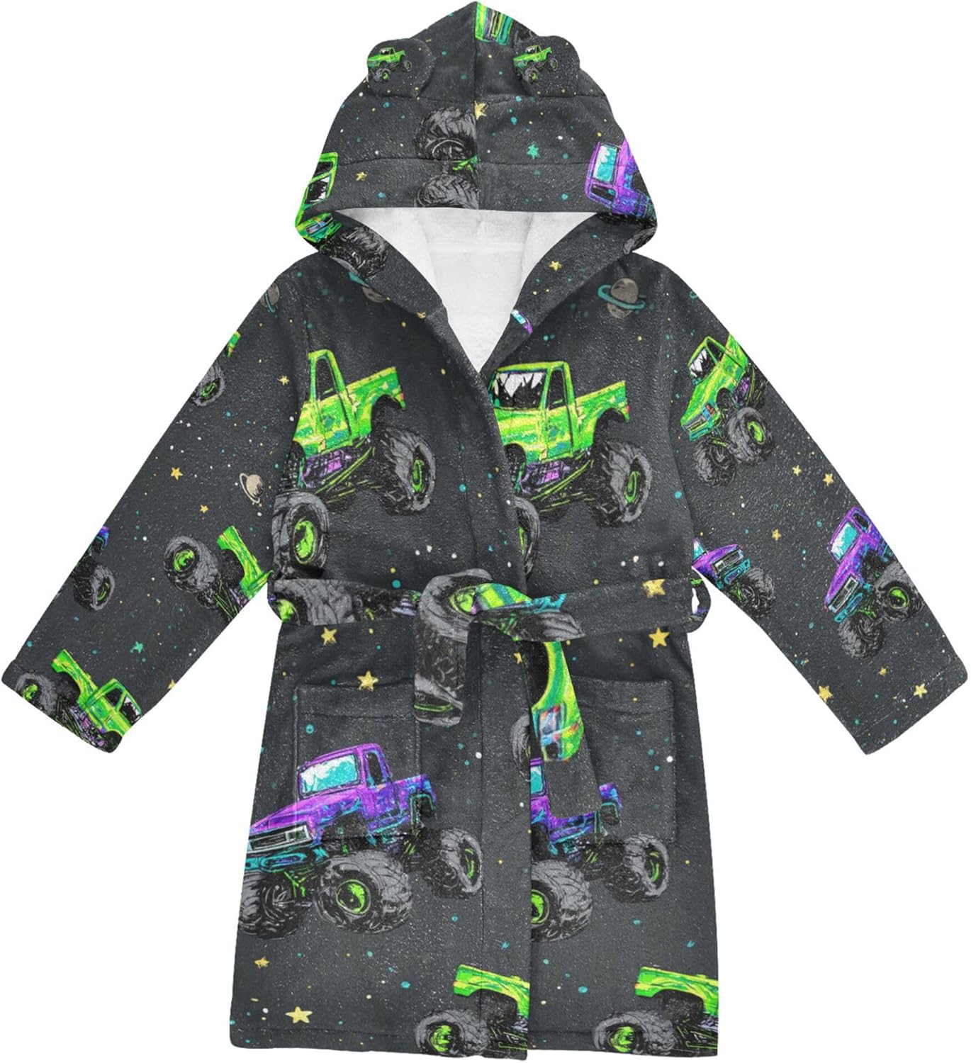 Monster Truck and Stars Bathrobe Hooded PJ Robe Soft Fleece Robe Pajama Sleepwears 2-12 Years