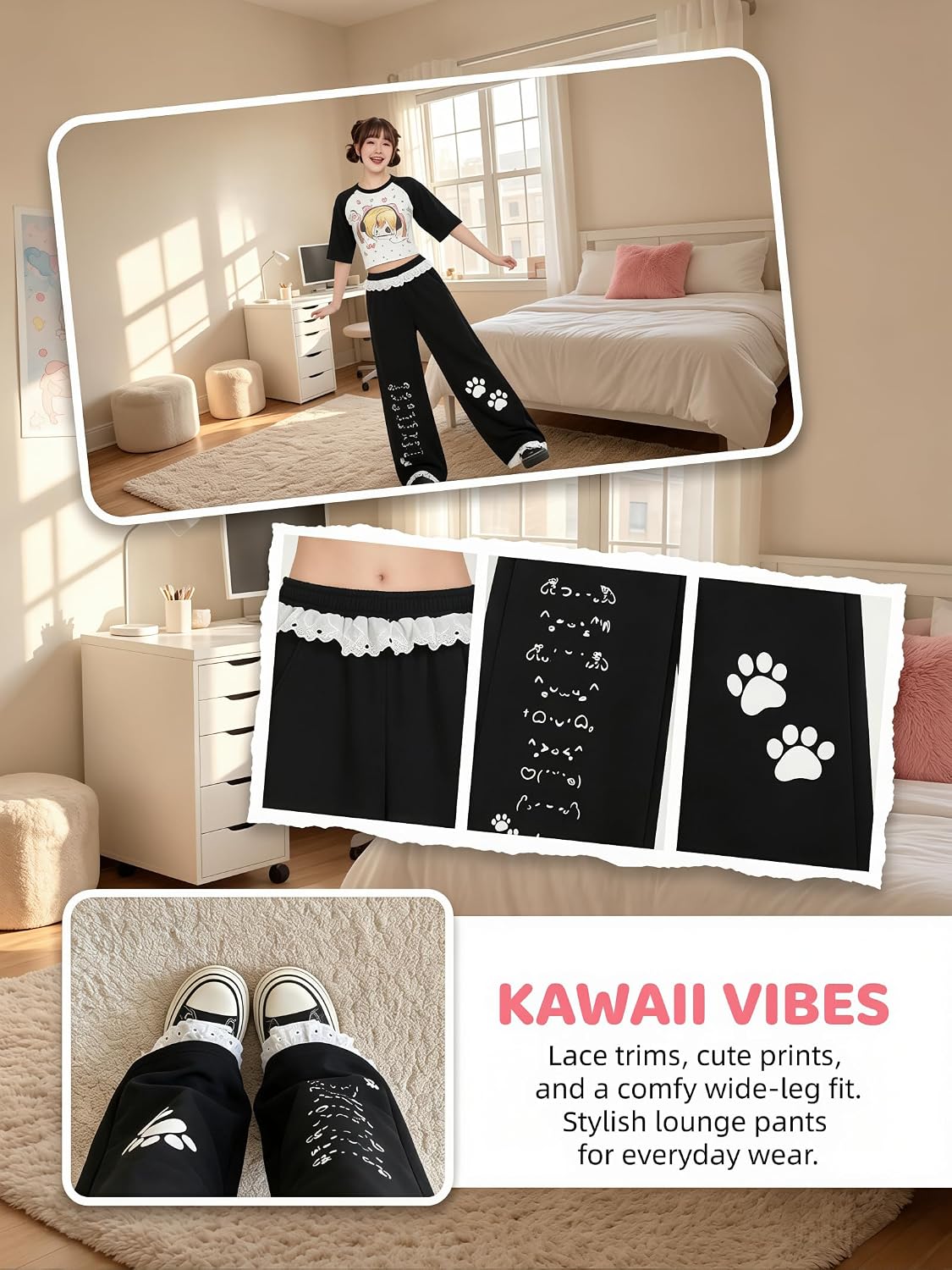 Women Kawaii Cat Paw Wide Leg Sweatpants Lace Trim Coquette Y2K Loungewear image 5