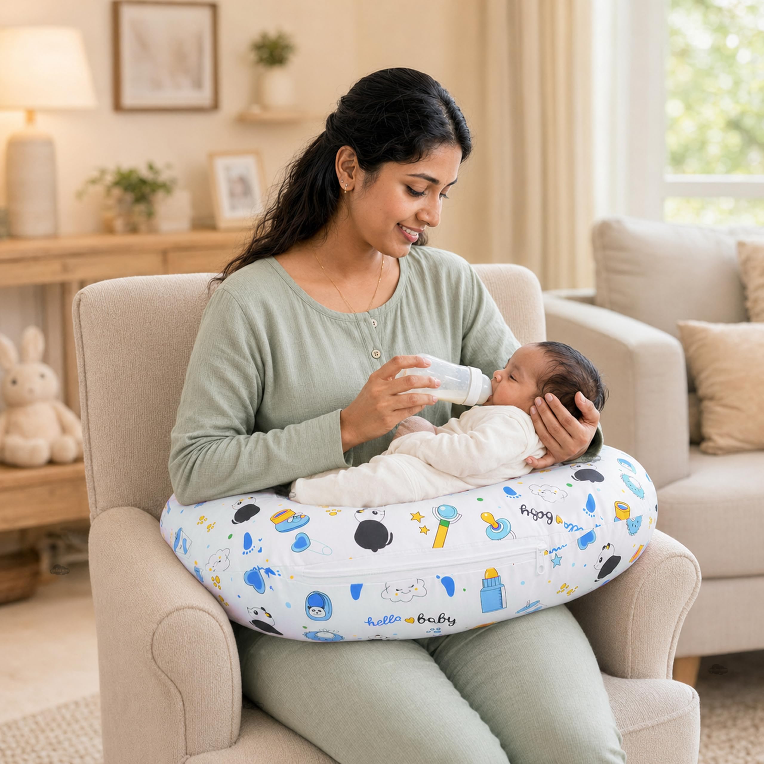 Infans Mini Baby Feeding Pillow Cotton|Maternity Feeding Pillow Portable & Adjustable|Nursing Pillow for Mother and New Born Baby (Panda Blue)-image-30
