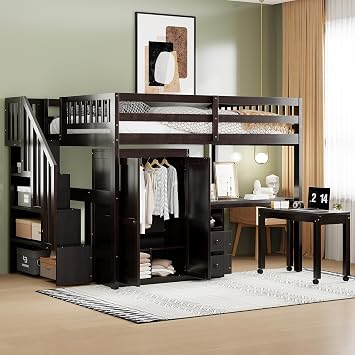 Wood Loft Bed Full Size with Staircase, Bookshelf, Drawers, Wardrobe& Removable Desk, Multi-Function Loft Bed Frame with Guardrail for Kids Teens Adults, Space-Saving Espresso-1.9, Full