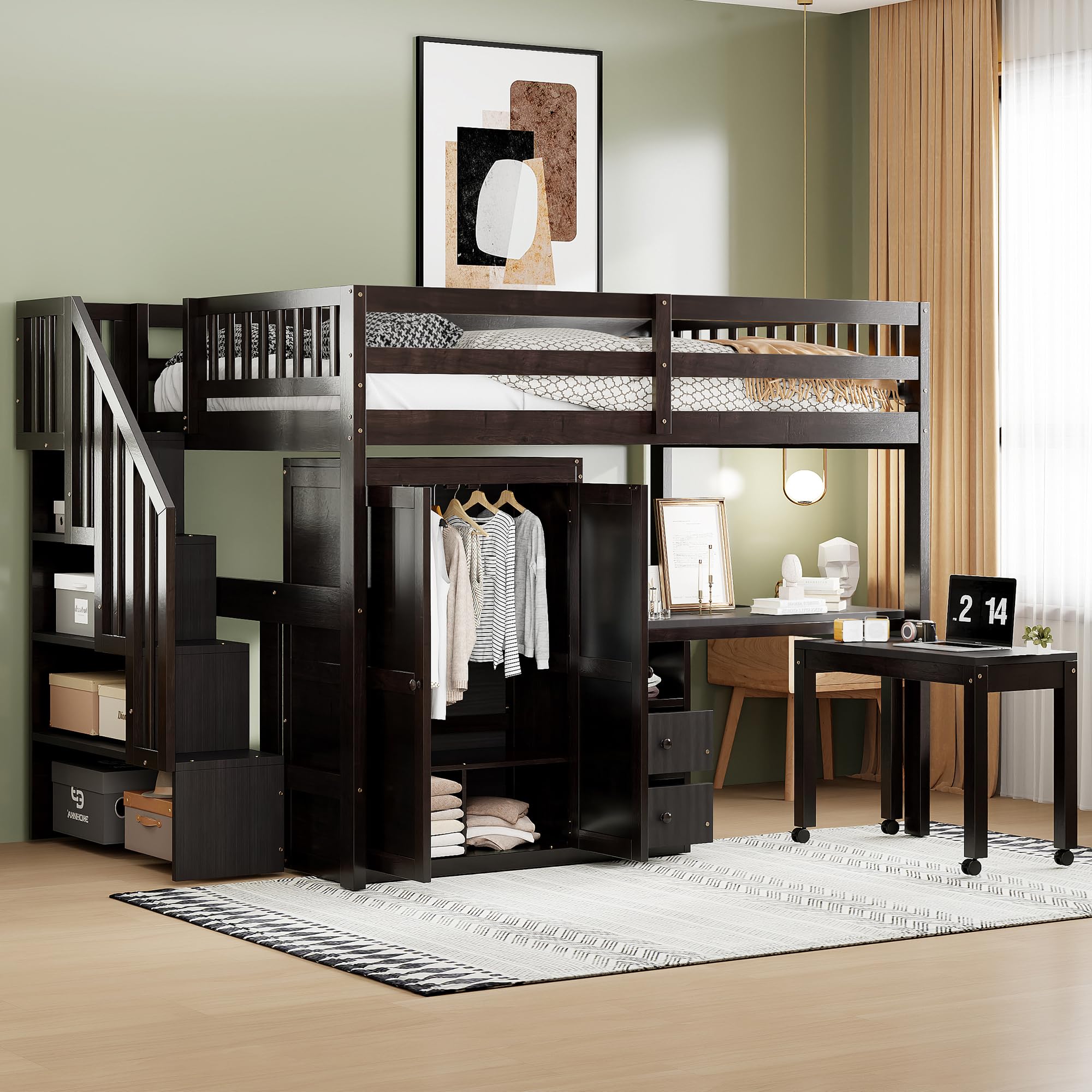 VilroCaz Multi-Function Full Size Loft Bed in Espresso finish, showing the bed, staircase, wardrobe, desk, and movable table.