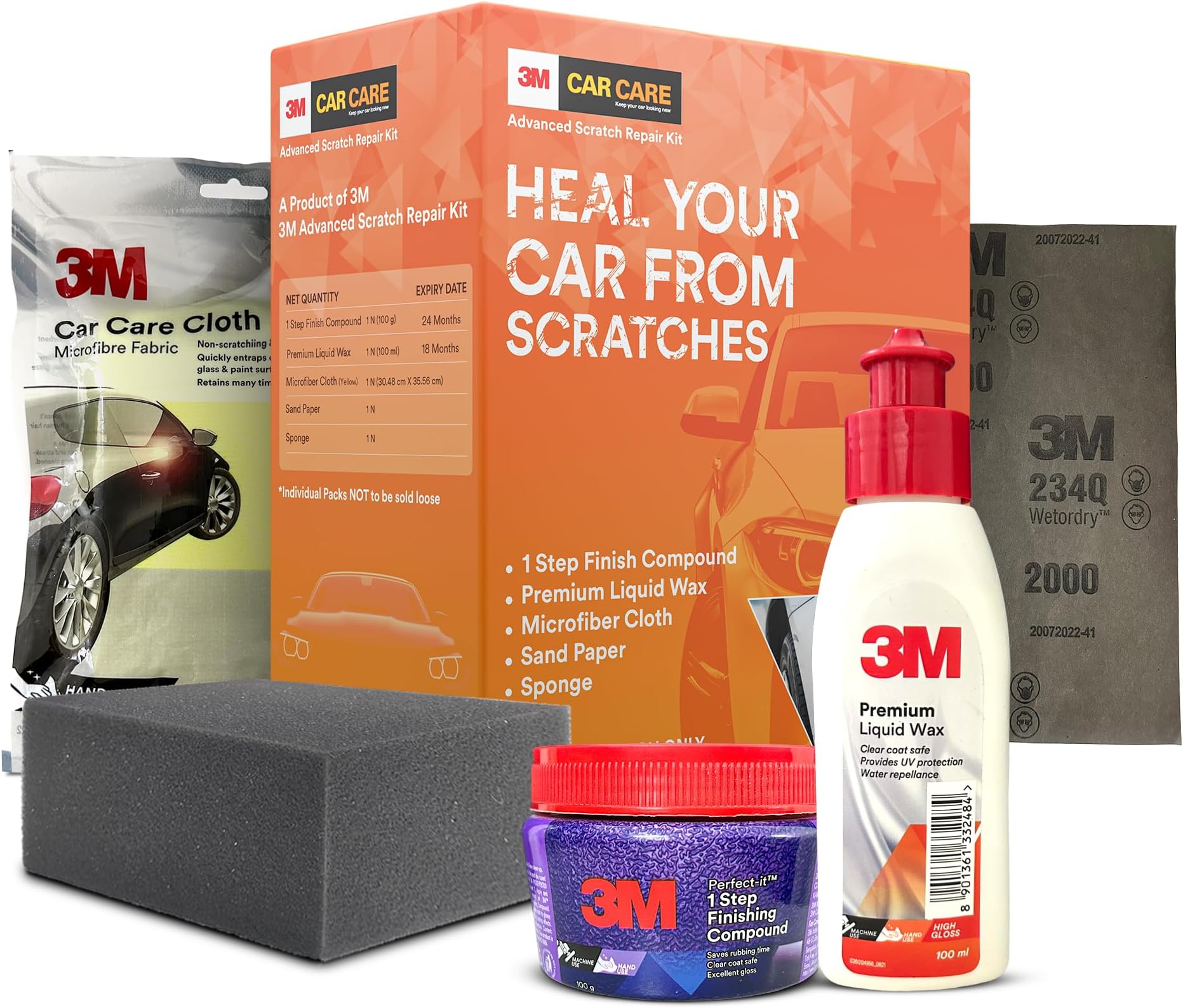 3M Car Care Advanced Scratch Repair Kit with 1 Step Finish Compound, Premium Liquid Wax with UV Protection, Sandpaper, Microfiber Cloth & Sponge, Complete Car Care Solution, Auto Cleaning Kit