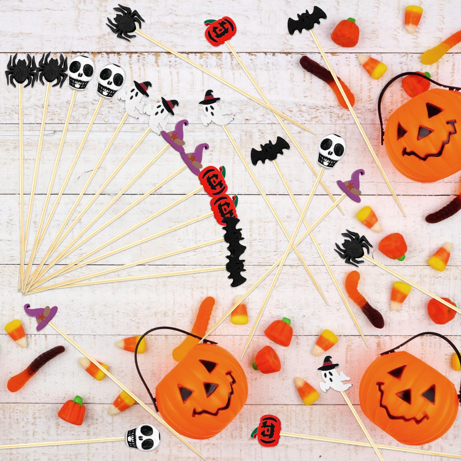 ENLACE 100 Spiedini Da Cocktail In Legno Per Halloween, Forma Fantasma E Zucca, 12 Cm, Per Finger Food E Decorazioni - 3