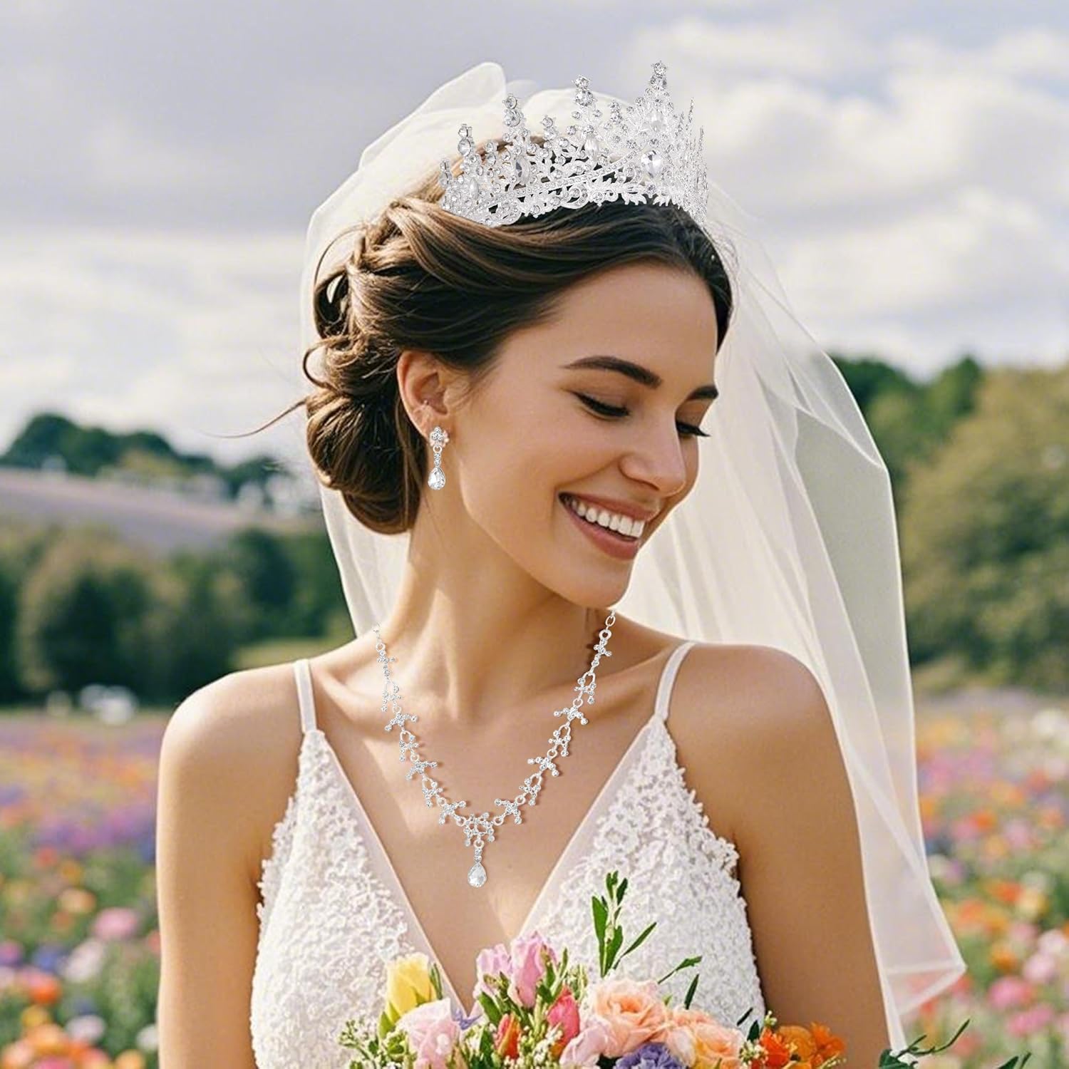 Silver Tiaras Crown And Jewelry Sets for women,Tiaras Earrings and Necklace for Wedding, Birthday,Rhinestone Crystal Bridal Jewelry Sets for Costume Birthday Party Prom(A5) (Silver) - Image 2