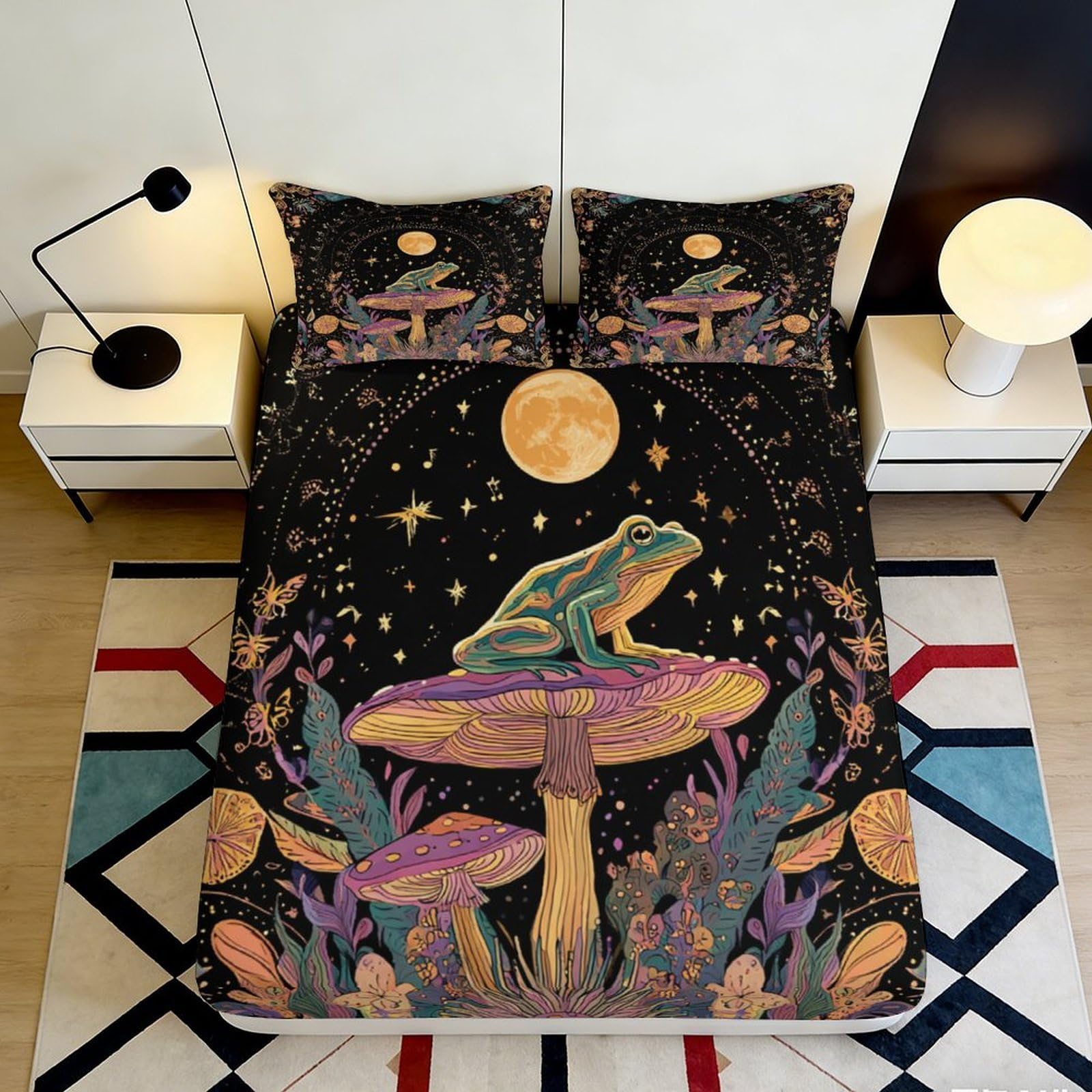 3D Printed Moon Frog Fitted Sheet Microfiber Soft Breathable Mushroom Bed Cover for Bedroom Dorm Mattress Protection Decor 90x200x25cm