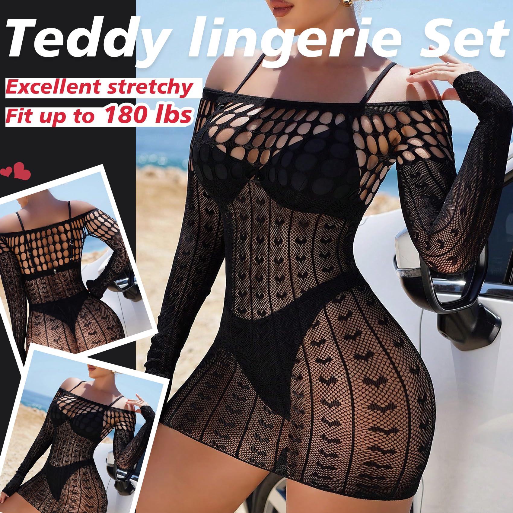 Famstar Sexy Lingerie for Women Naughty Fishnet Lingerie Set Bodysuit Outfits Erotic Sheer Mesh Teddies: One Size Black Bodysuit2