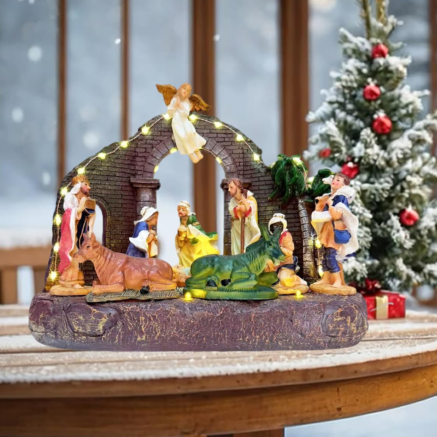 LAMPHOME 13inch Christmas Nativity Figurines, Resin Holy Family Manger Scene with LED Lights - Dual Rotation & Religious Music,USB Cable Included for Indoor Home Table Fireplace Holiday Decorations