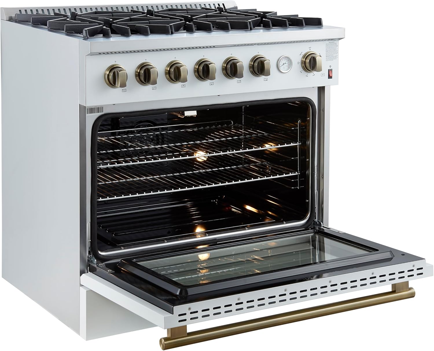Forno Marco 36 Inch Gas Range with Antique Brass Accents, 6 Sealed Burners 67,000 BTU, Large 5.36 cu.ft. Convection Oven with Temperature Gauge, Professional Freestanding Kitchen Stove - White