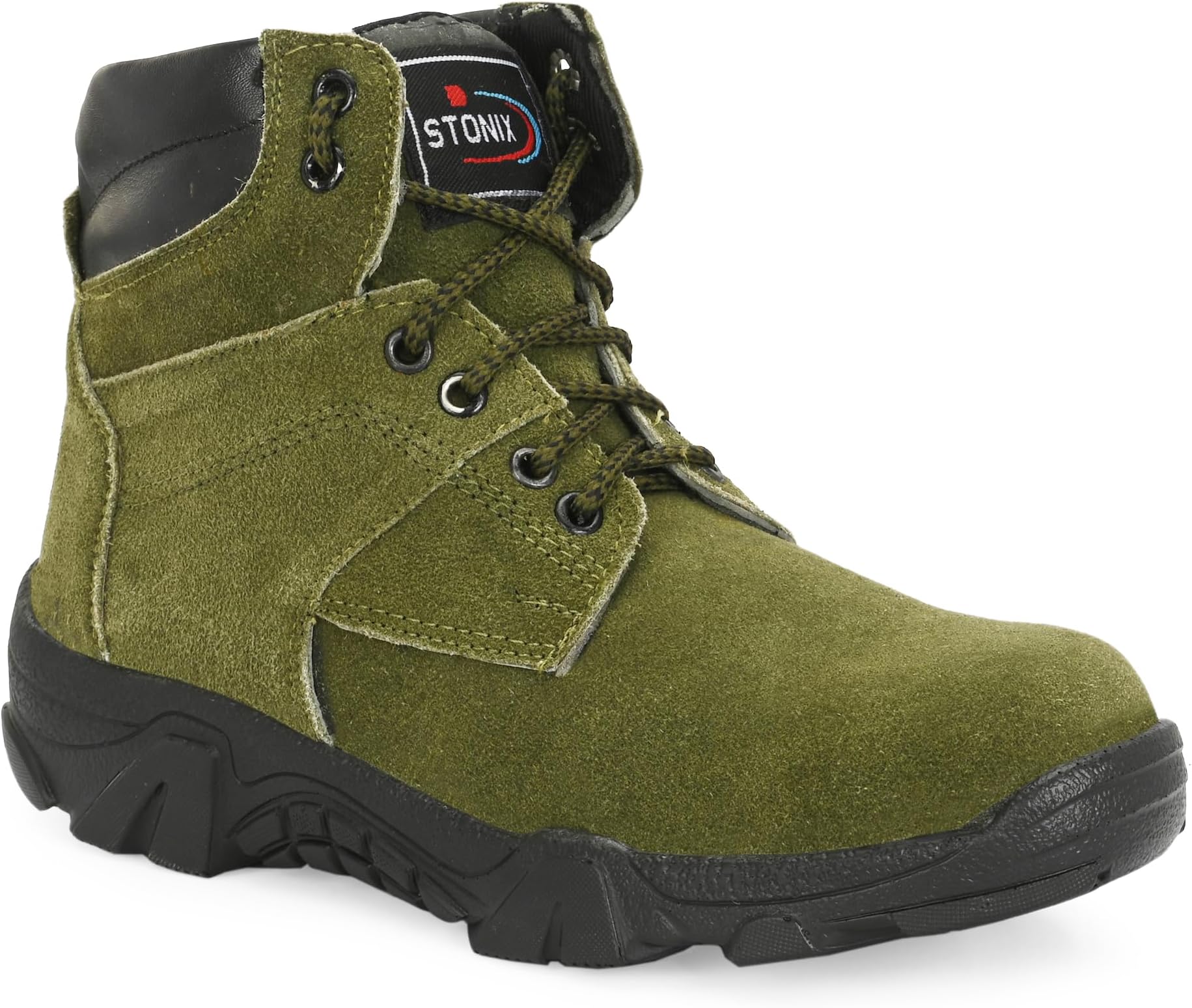 STONIX® Hawk Green Sued Leather Safety Boot Lightweight Men's | Slip Resistant & Black TPR Sole | Waterproof and Industrial Use,(SIZE-06, GREEN)