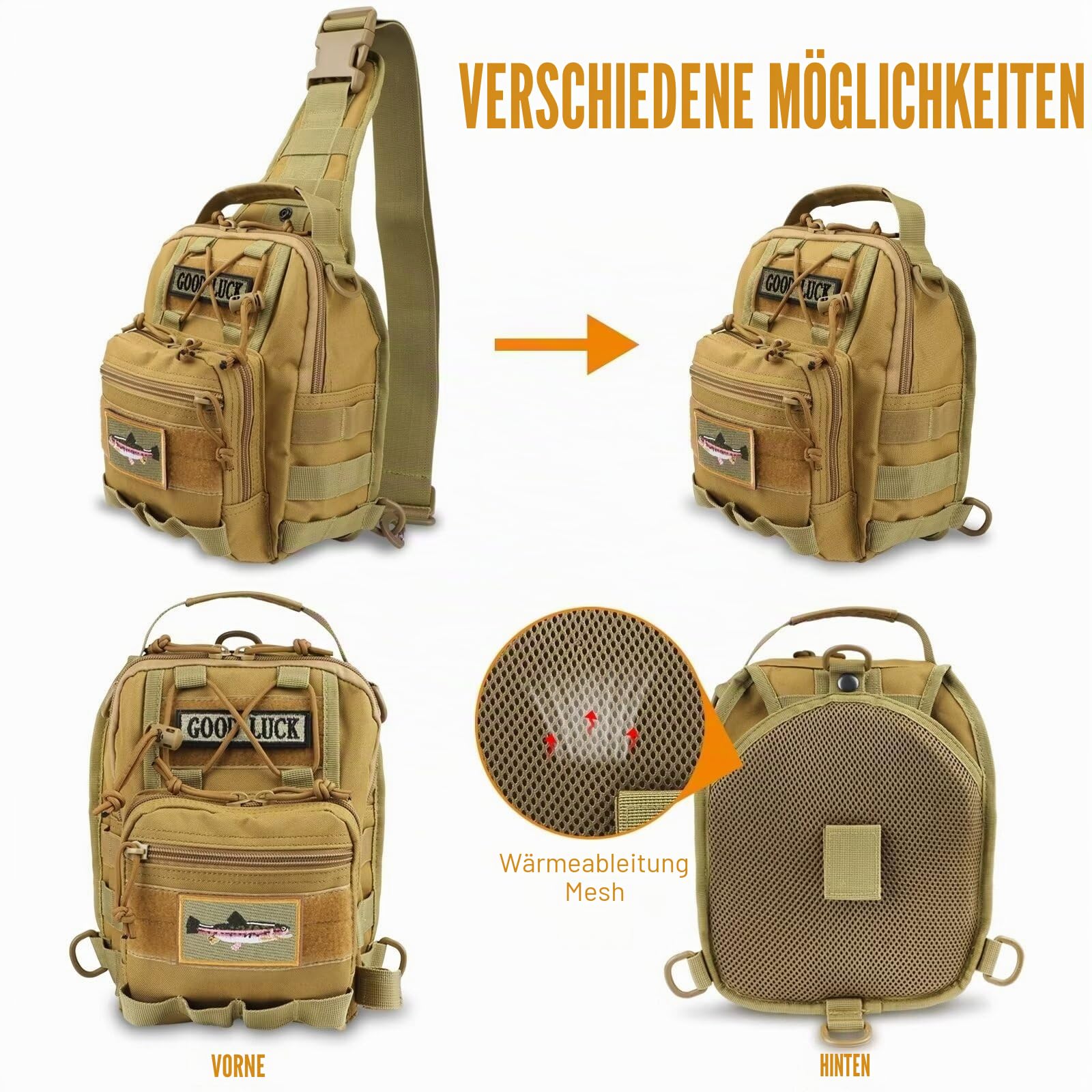 Dovesun Kleiner Angelrucksack, Fliegenfischen Sling Pack Wasserdichter Angelrucksack mit Angelkoffer Angeltaschen für Fliegenfischen