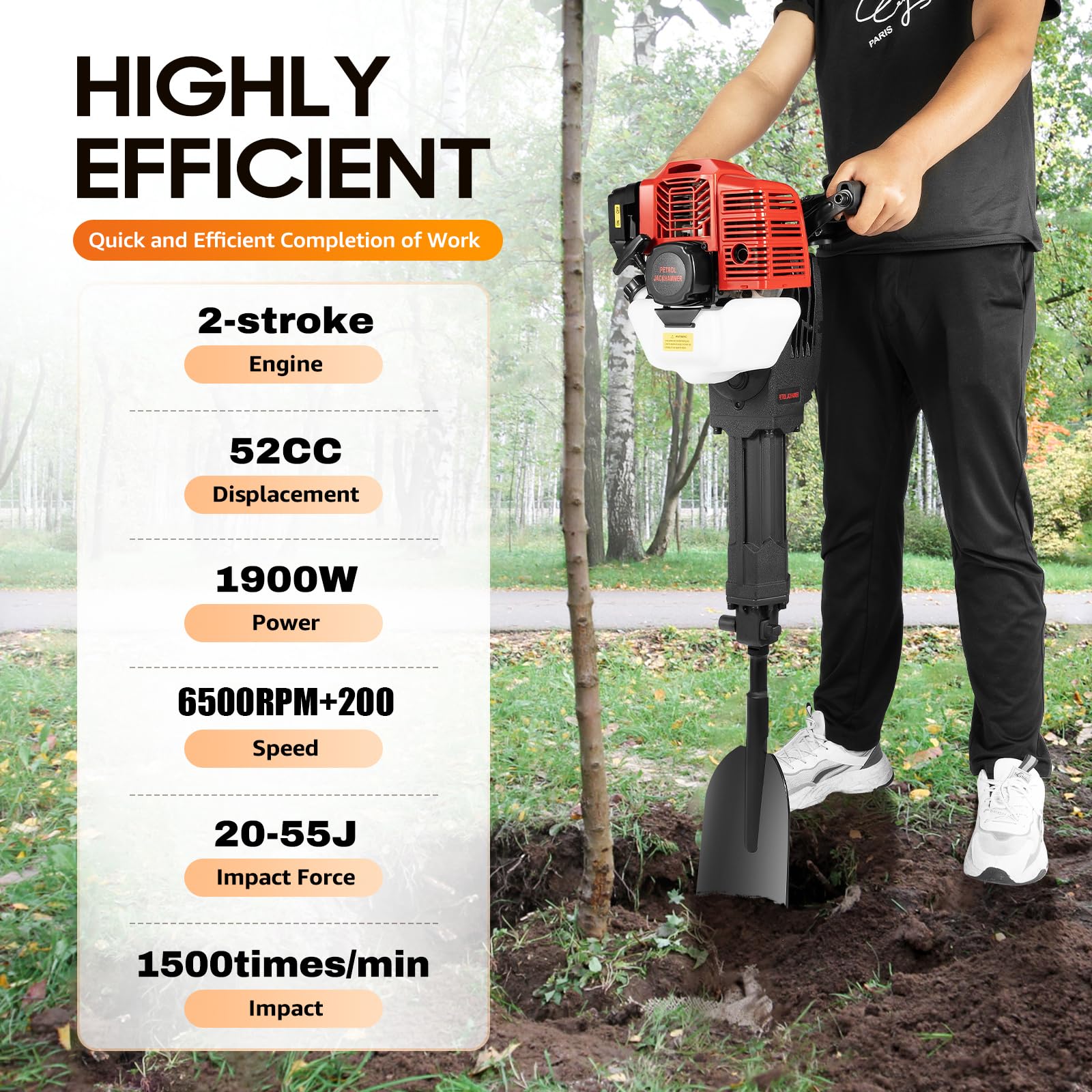 Escavatore portatile a benzina a 2 tempi, 52 cc, scavatore per alberi da giardino, martello da giardino, pala da giardinaggio, per applicazioni in giardino e prato durante la lavorazione del