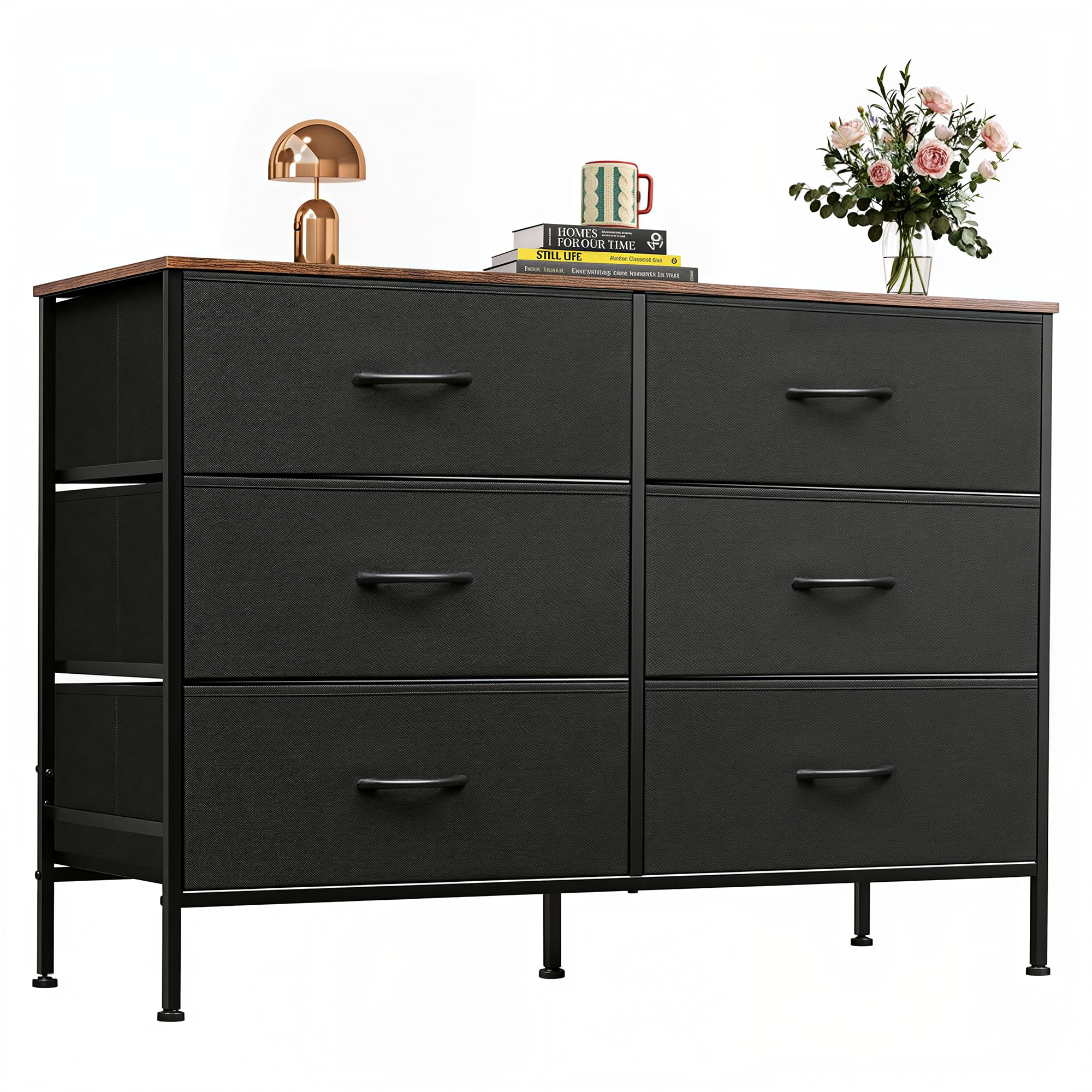 WLIVE Black Dresser for Bedroom with 6 Drawers, Dresser TV Stand for 50 Inches TV with Metal Frame, Wooden Top, Fabric Dresser for Closet, Hallway, Entryway, Black and Rustic Brown-image-19