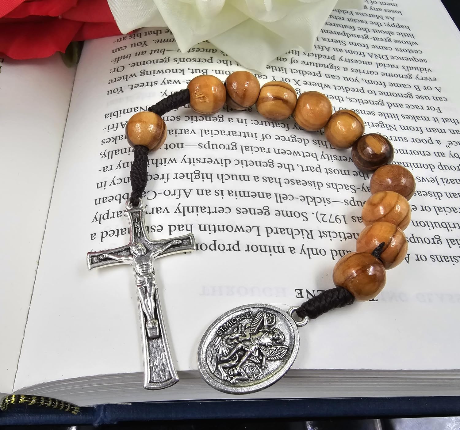 TALISMAN4U Saint Michael Guardian Angel Medal One Decade Prayer Pocket Rosary 10mm Olive Wood Beads Open Style Wooden Tenner Rosaries Handmade Catholic Gift Linen Rosary Pouch - Image 7