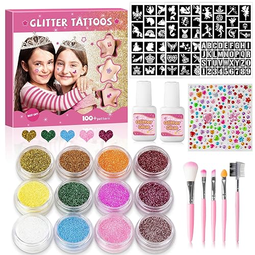 Kit de tatuaje temporal con purpurina de 12 colores para niños, con 92 plantillas, 2 calcomanías de diamante, 4 pegamentos y 5 pinceles, kit de
