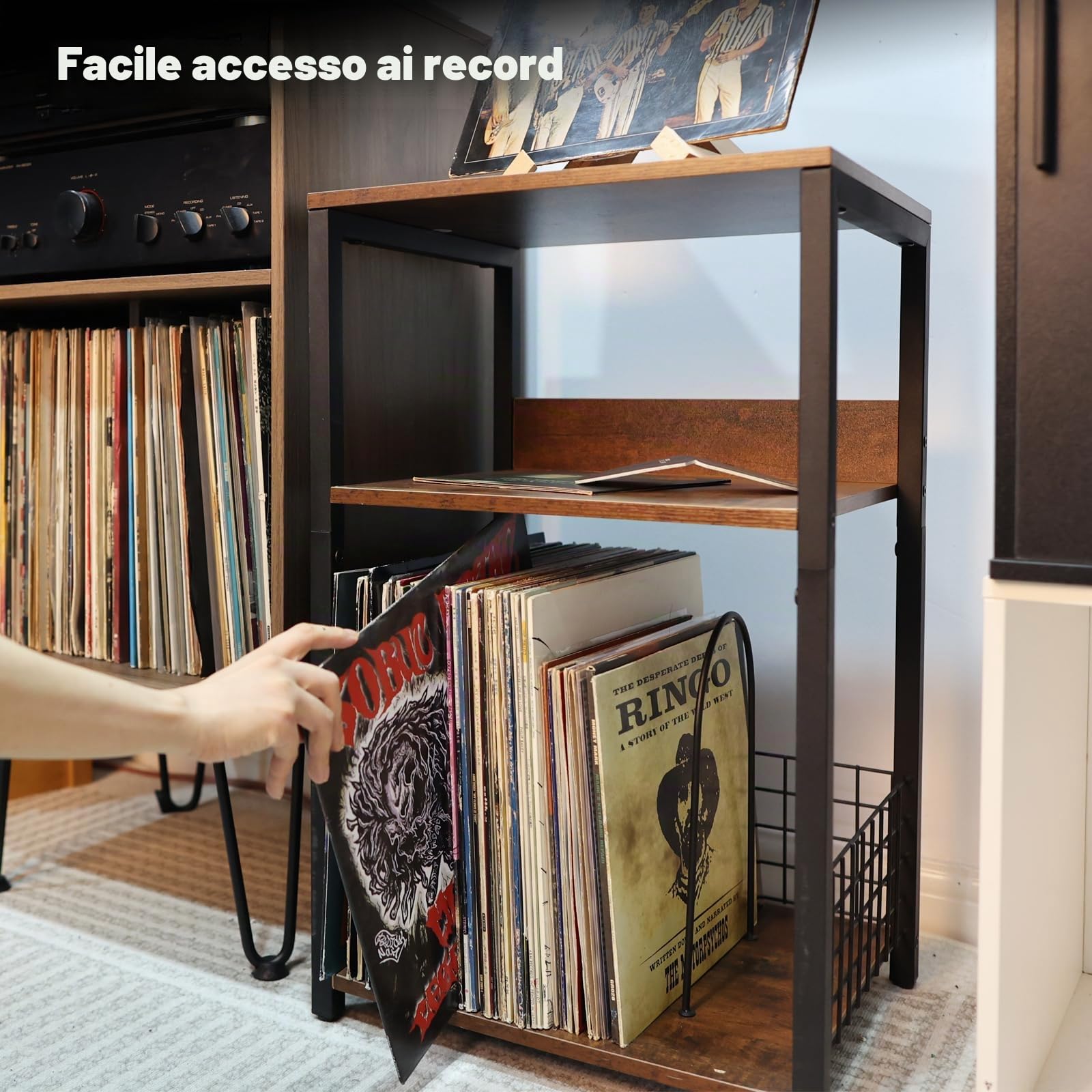 MayRecords Supporto per giradischi, tavolino con 3 ripiani in vinile, supporto per riporre fino a 100 album, supporto marrone per soggiorno, camera da letto