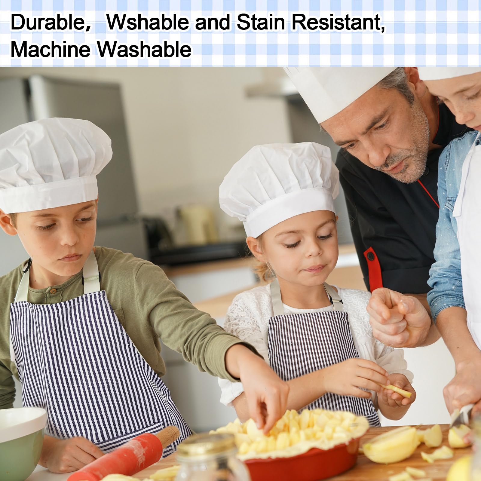 Newcotte Delantal de chef ajustable de algodón para niños y niñas, 8 piezas, con 2 bolsillos, delantal a rayas, delantales de cocina para niños y niñas, azul y marrón, Tiras grises y blancas, tiras