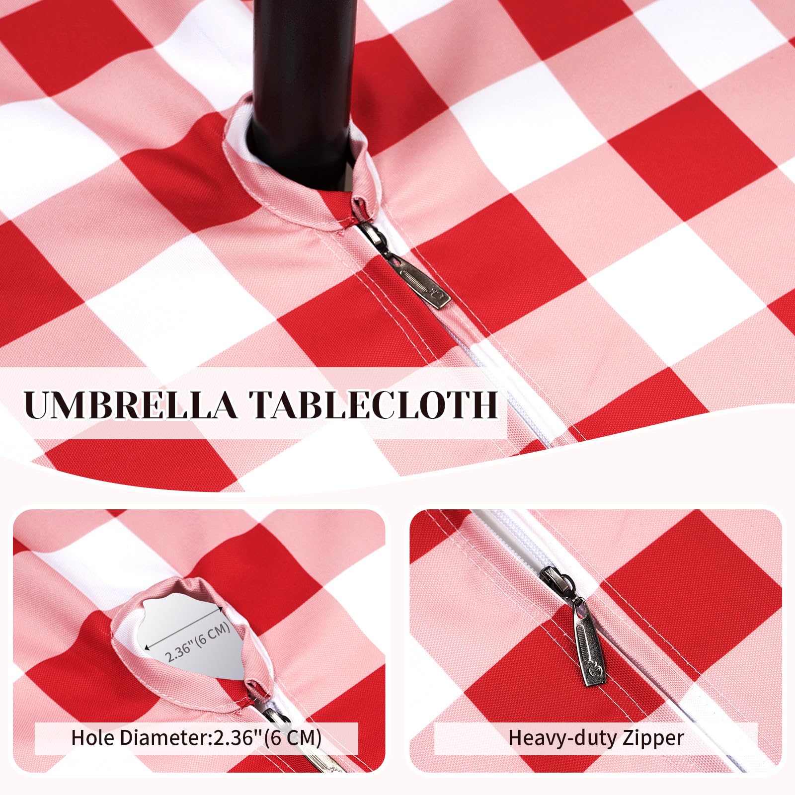 Tovaglia a quadretti rossi per esterni, tovaglia a scacchi rossi e bianchi con foro per ombrellone, 178 x 132 cm, rettangolare, a prova di perdite, per patio, piscina, riunioni all'aperto