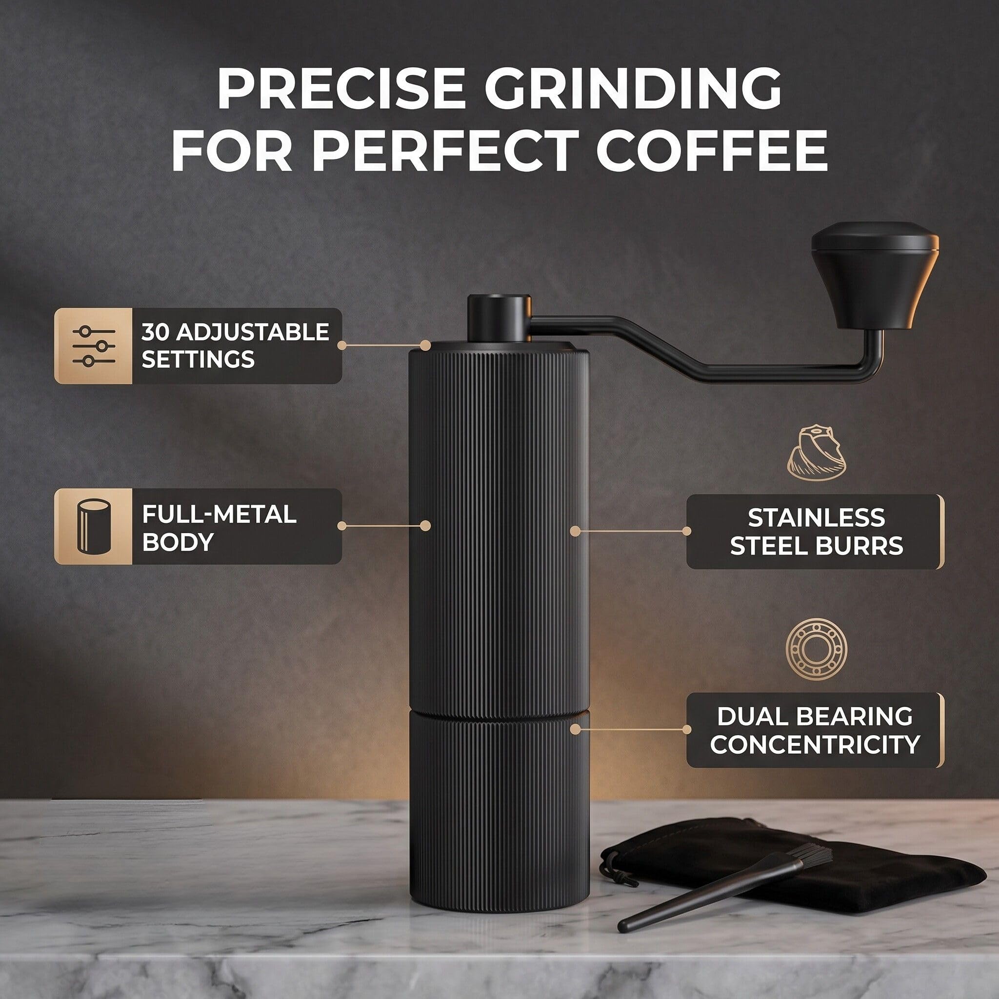 Moulin à café manuel portable – 30 réglages de mouture ajustables, meules en acier inoxydable, double roulement, idéal pour café filtre, espresso et cafetières à piston