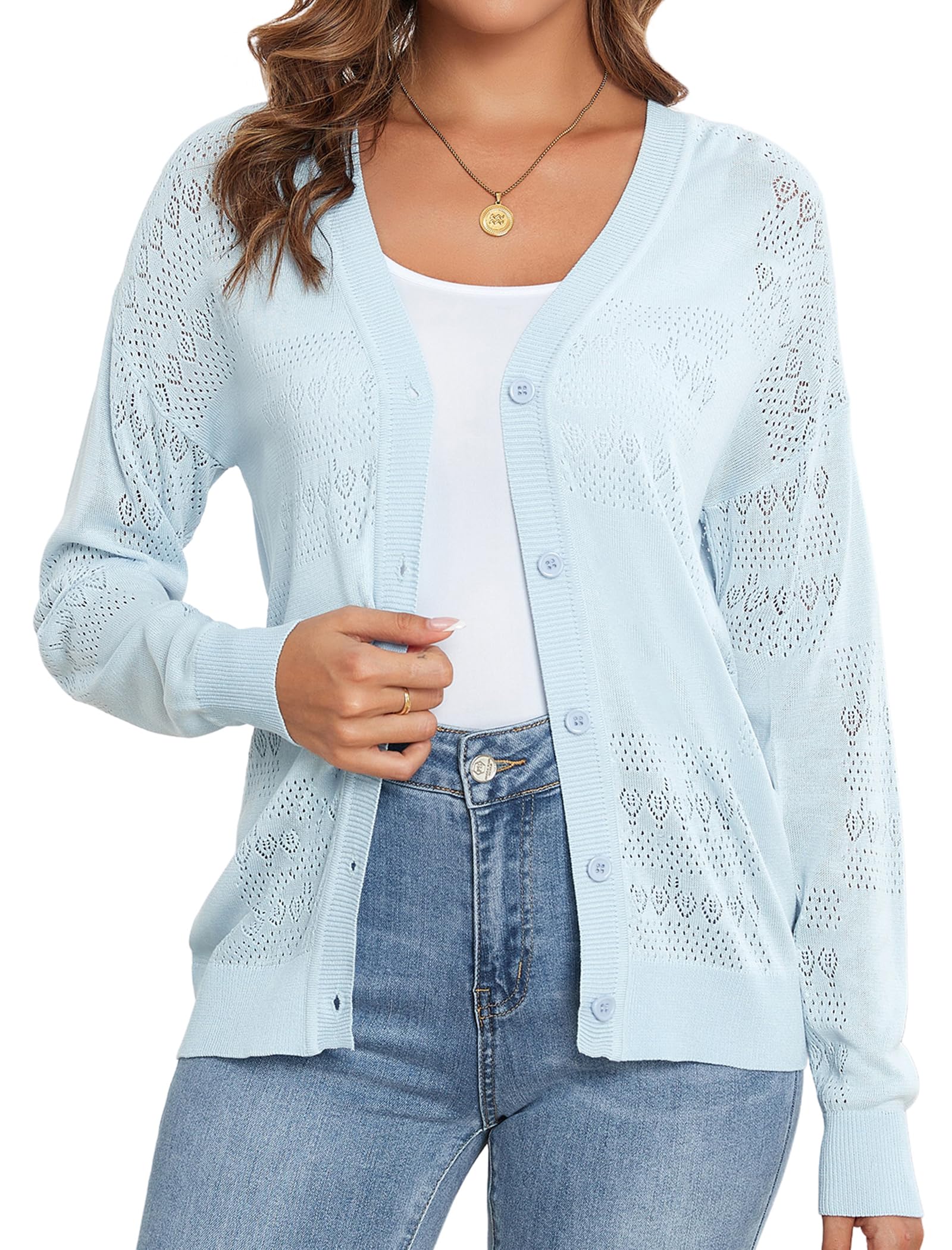 YGJIEGENG Cardigan Sweaters for Women Lightweight Long Sleeve Crochet V Neck Button Knit Hollowed-Out Women's Shrug Sweaters
